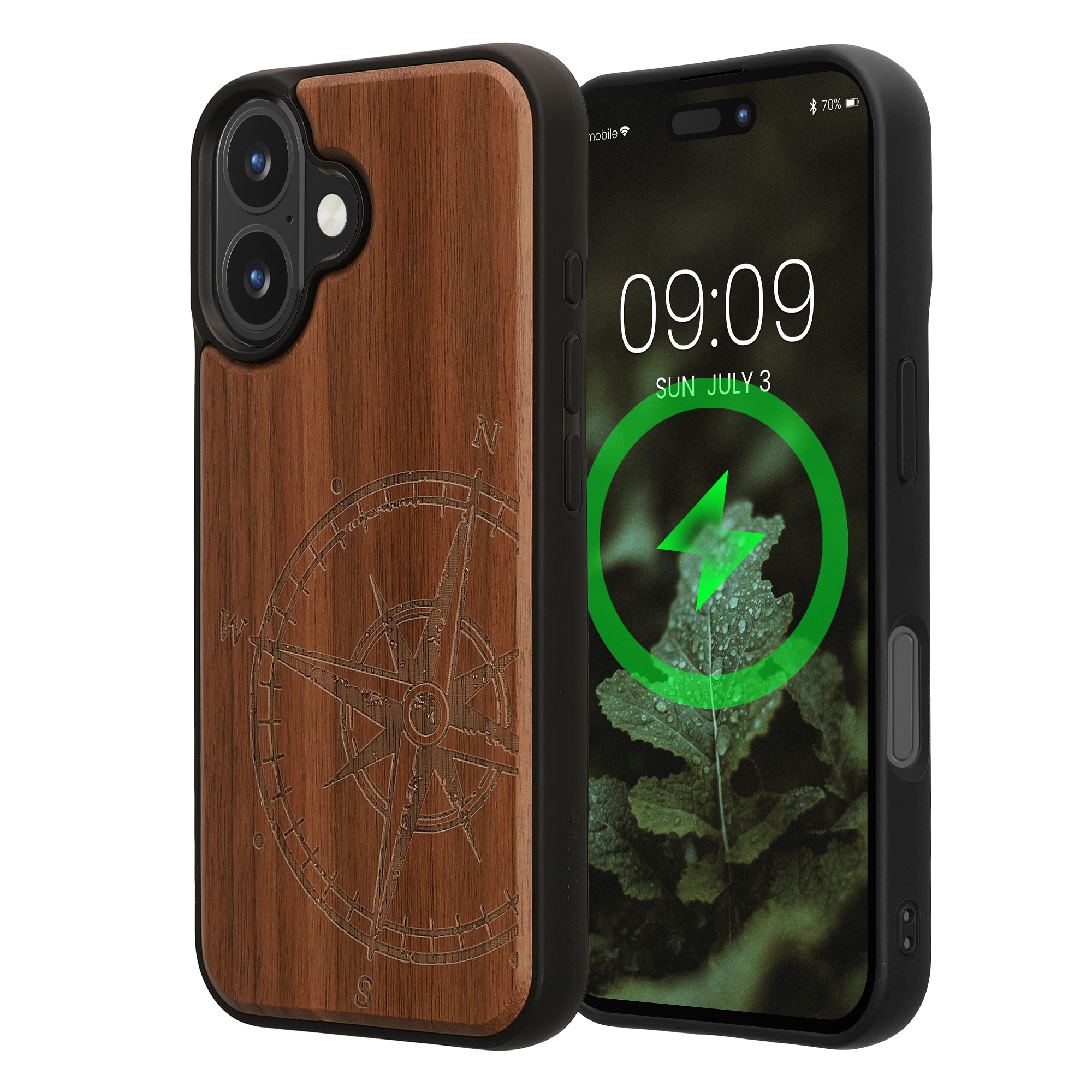 Ochranné pouzdro z pravého dřeva pro Apple iPhone 16 kwmobile dřevěné - motiv dřevěný kompas