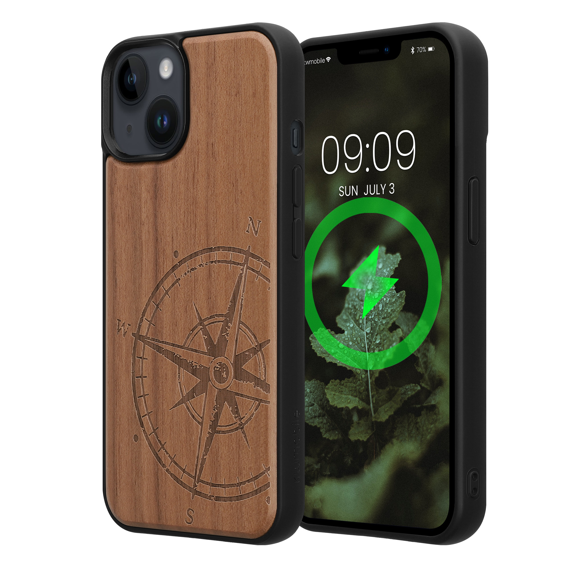 Ochranné pouzdro z pravého dřeva pro Apple iPhone 14 kwmobile dřevěné - motiv dřevěný kompas