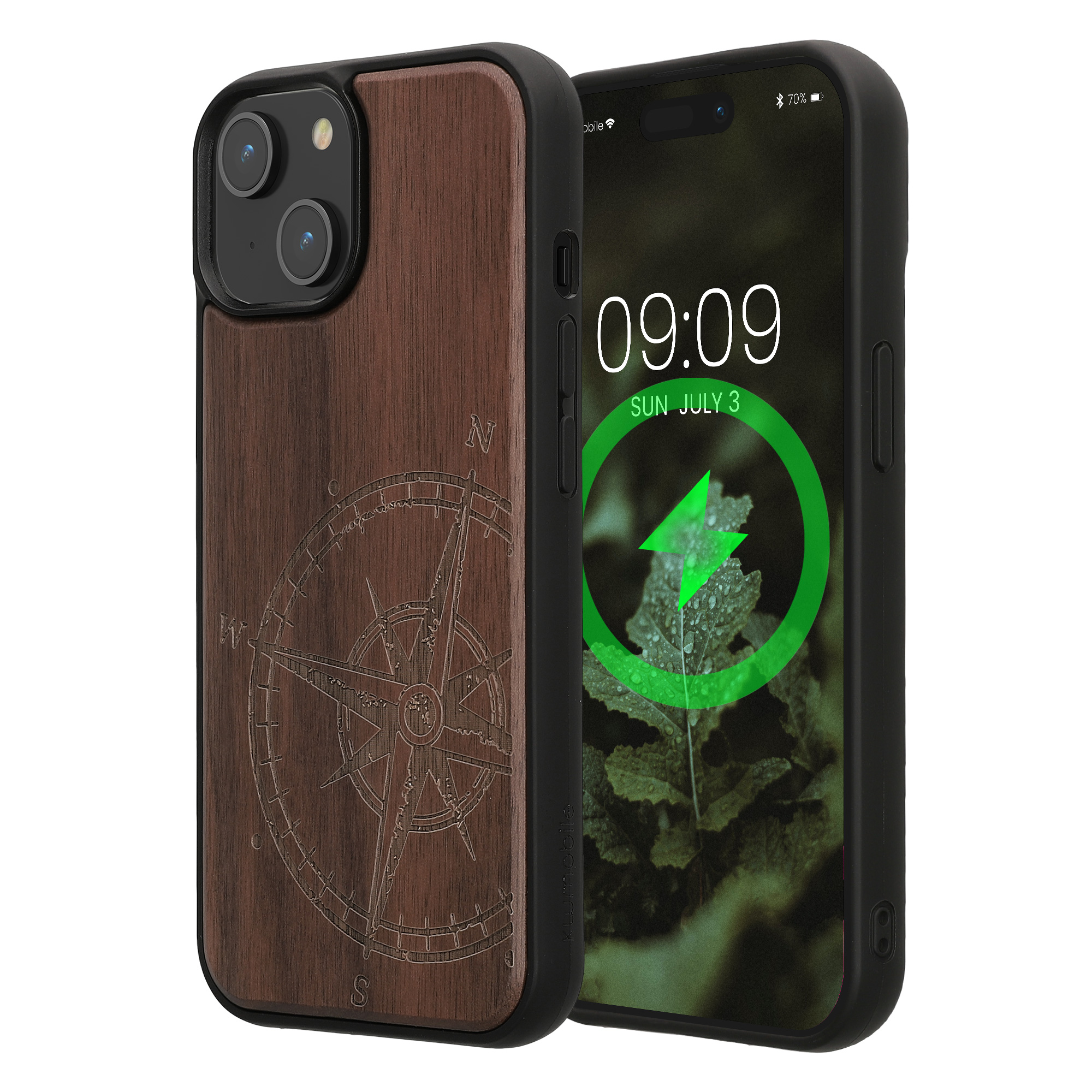 Ochranné pouzdro z pravého dřeva pro Apple iPhone 15 kwmobile dřevěné - motiv dřevěný kompas