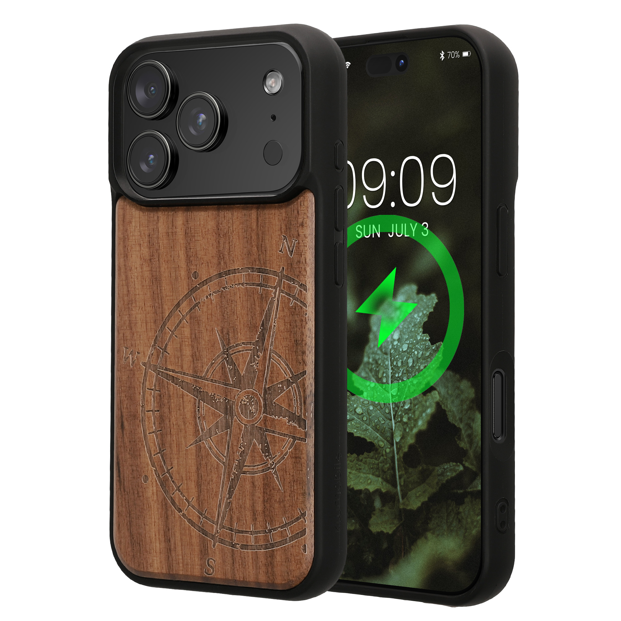 Ochranné pouzdro z pravého dřeva pro Apple iPhone 18 Pro / iPhone 17 Pro kwmobile dřevěné - motiv dřevěný kompas