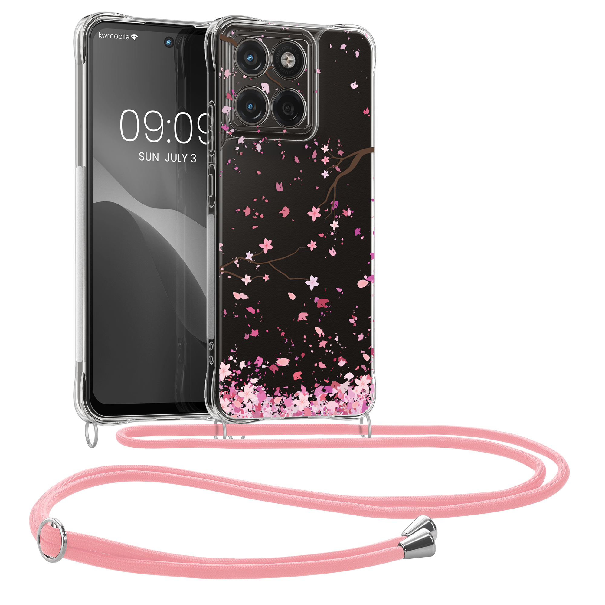 Pouzdro s popruhem (crossbody) pro Motorola Moto G67 / G77 / G87 kwmobile - růžová (třešňové květy) / tmavě hnědá / transparentní