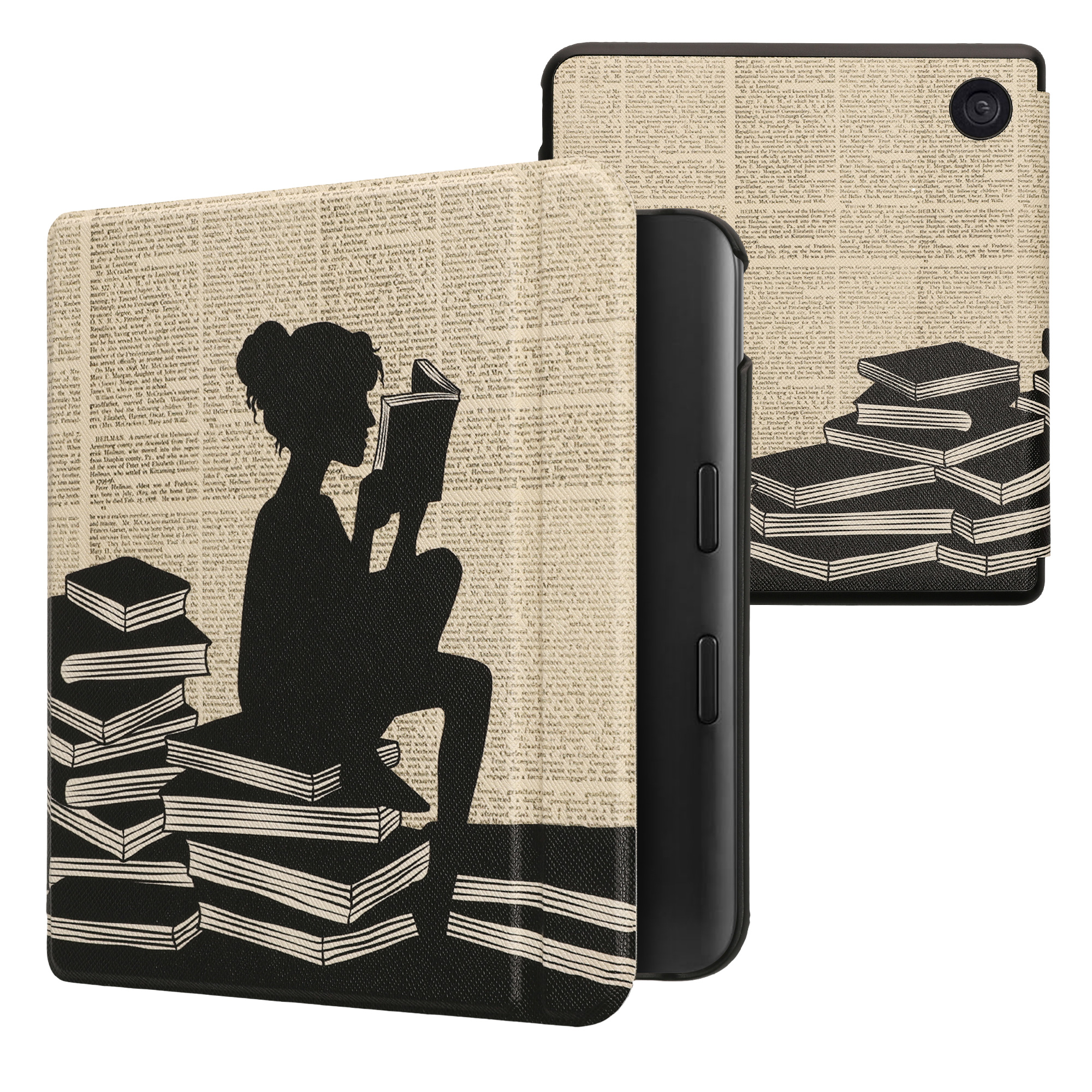 Obal pro Kobo Libra Colour kwmobile - motiv dívka s knihami s černá / béžová