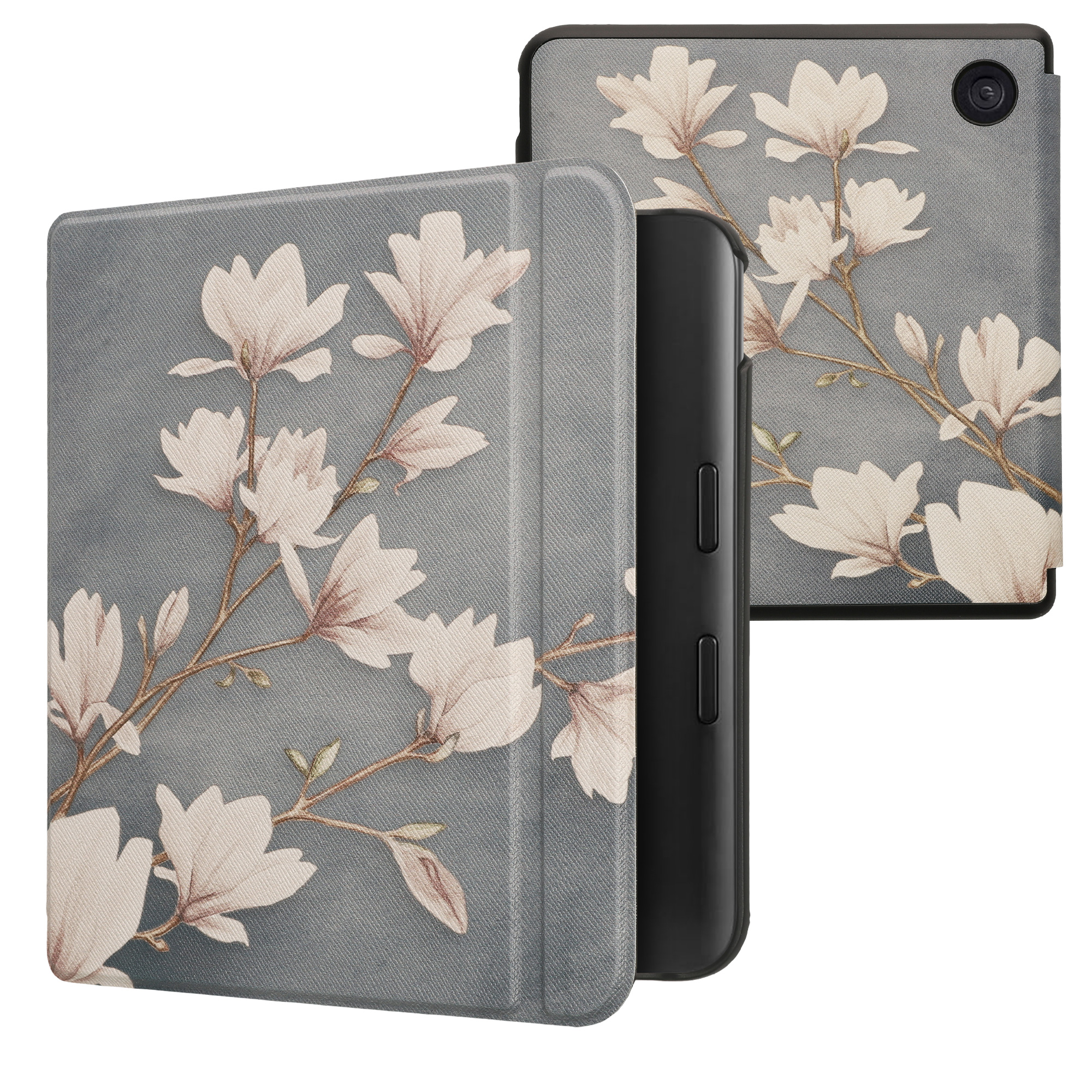 kwmobile pouzdro na čtečku Kobo Libra Colour, Magnolias with taupe / bílá / modrošedá
