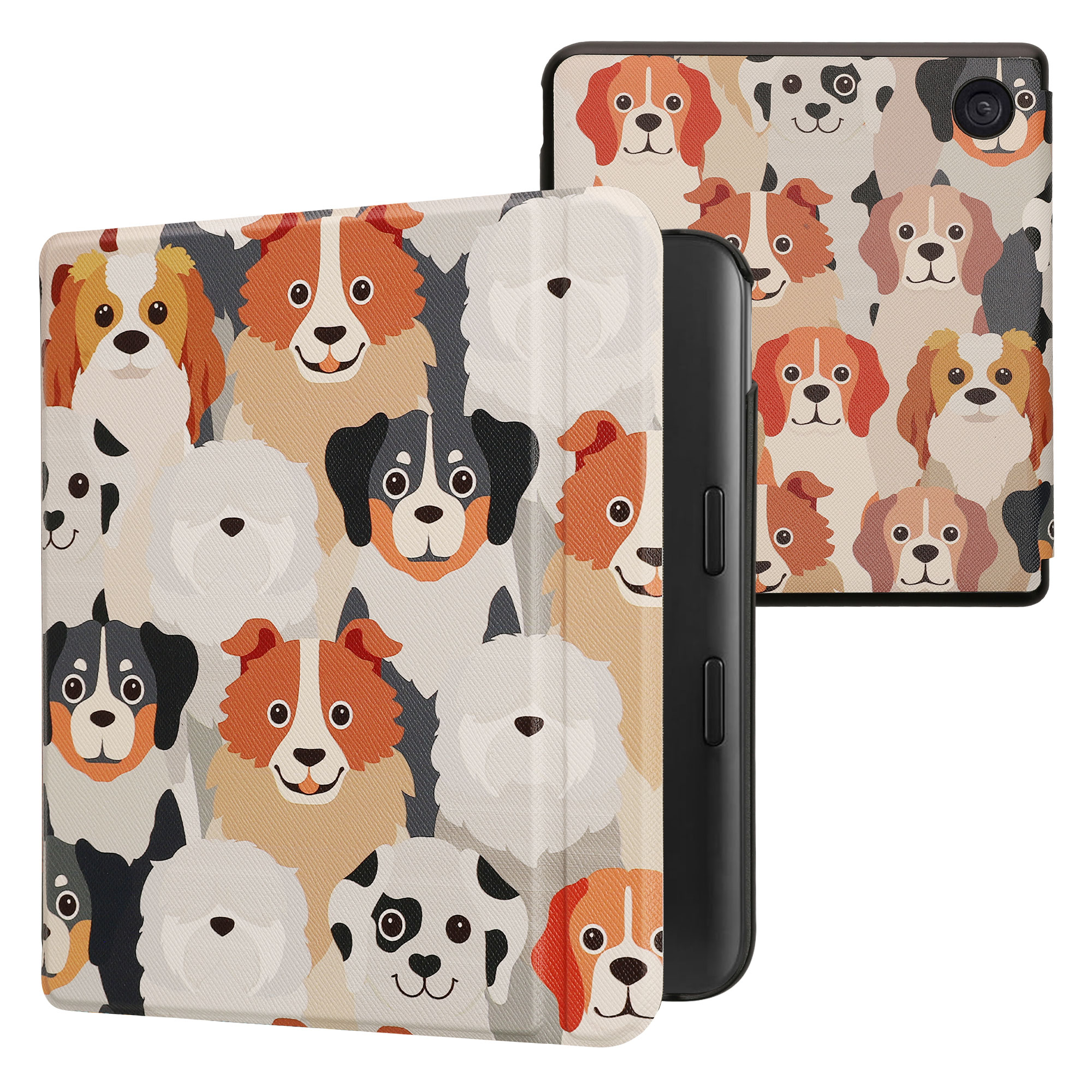 Obal pro Kobo Libra Colour kwmobile - motiv psi s bílá / světle hnědá / šedá