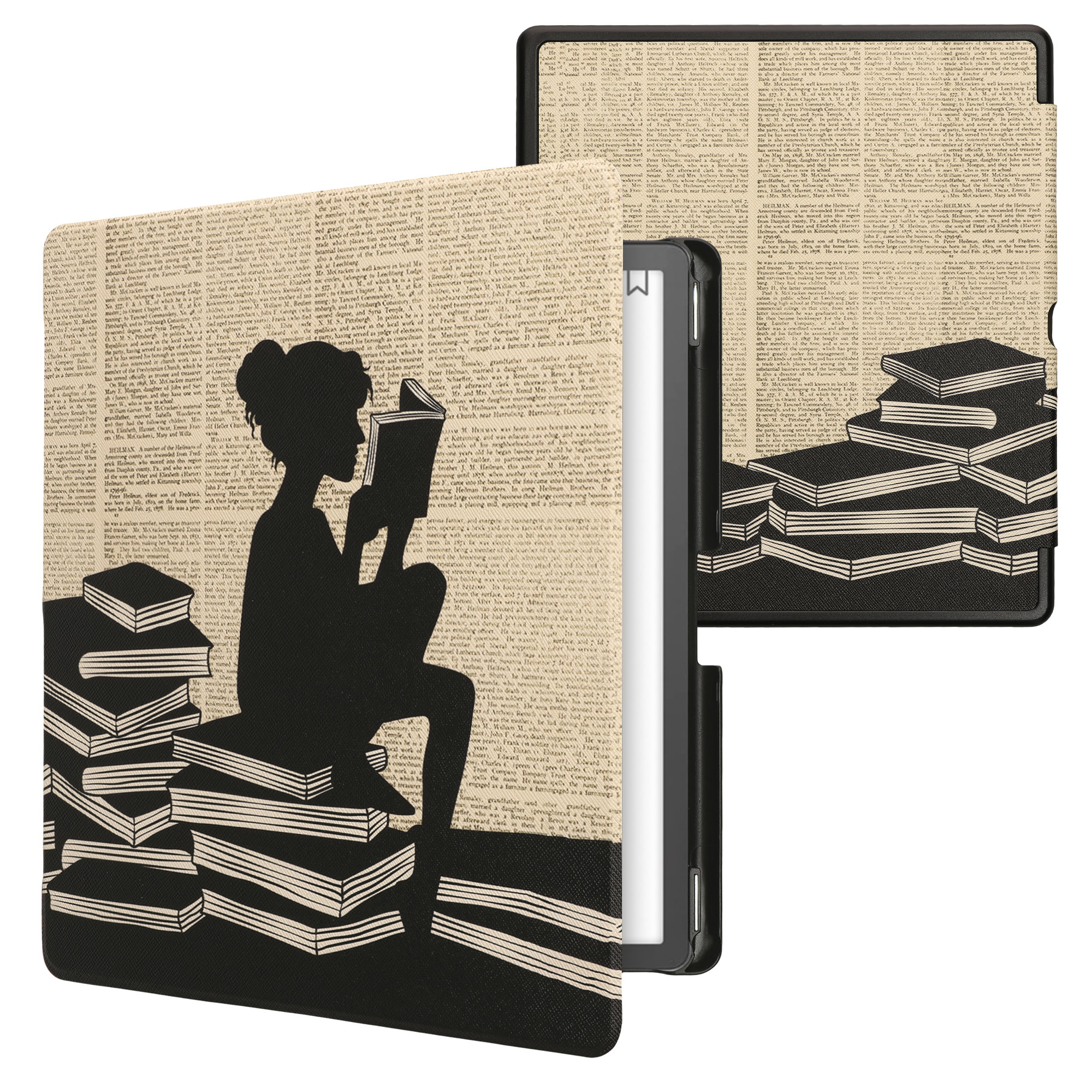 Pouzdro na čtečku kwmobile Kindle Scribe 2022/2024 - Girl and Books - černá / béžová