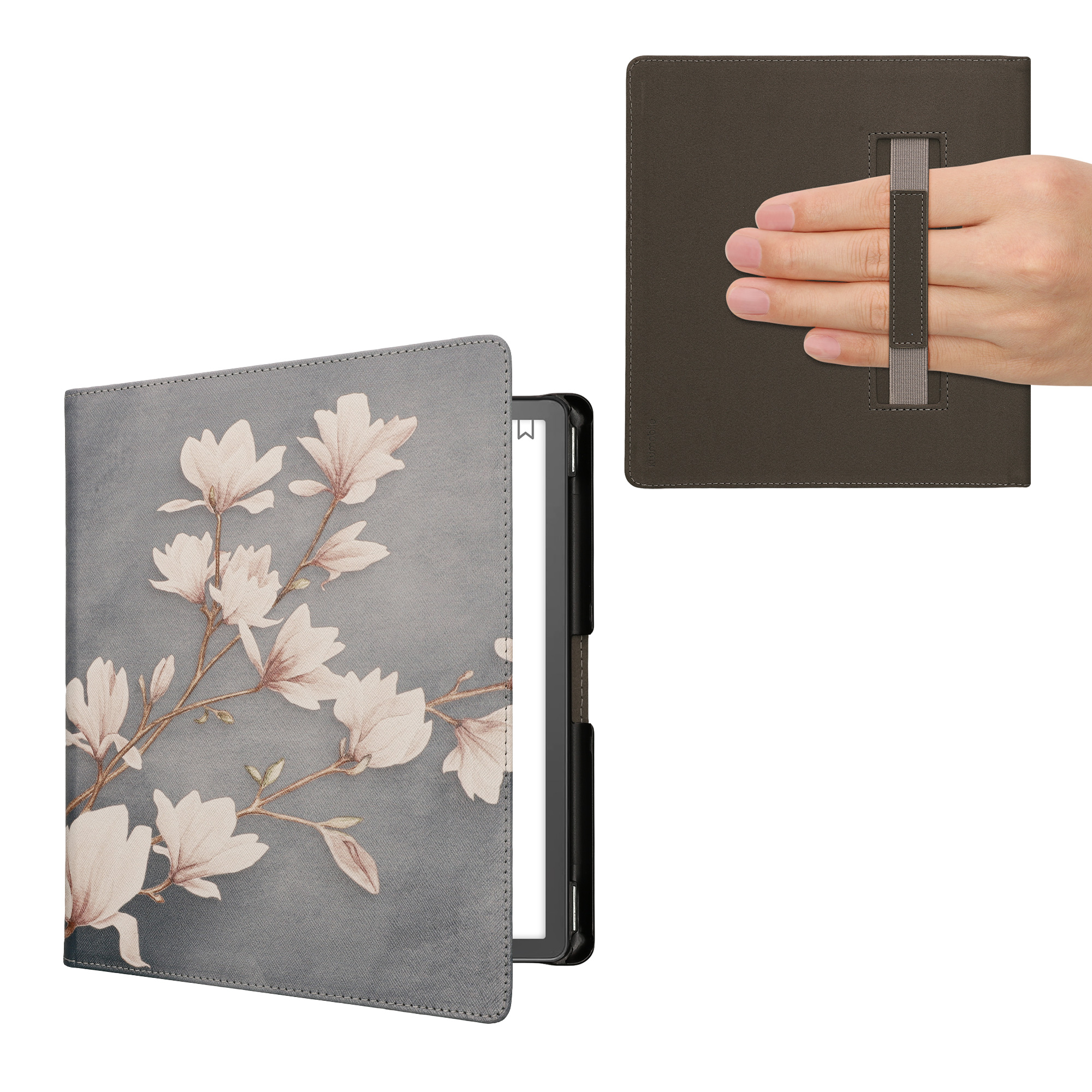Pouzdro na čtečku kwmobile Kindle Scribe 2022/2024 - Magnolias - taupe / bílá / modrošedá