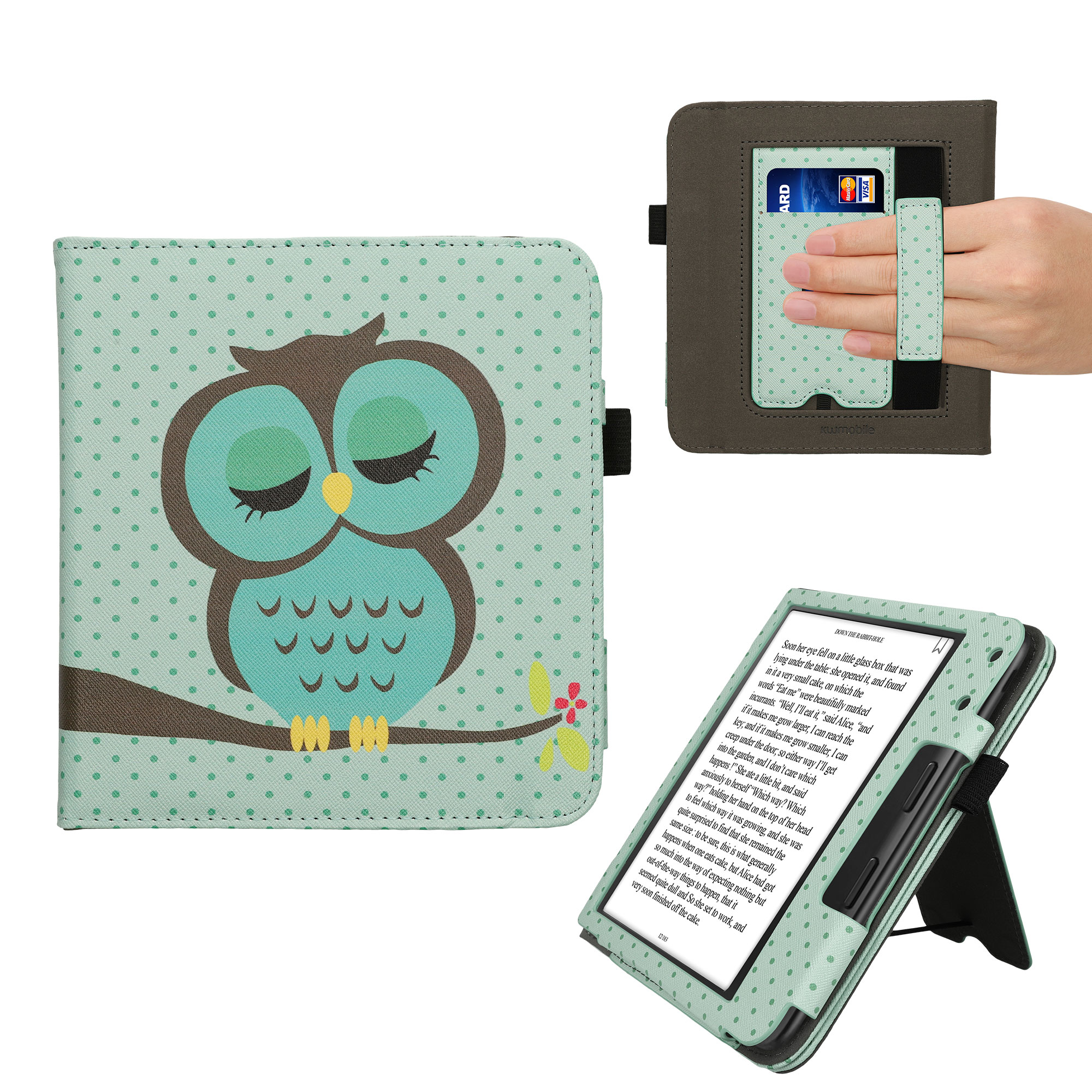 kwmobile pouzdro na čtečku Kobo Libra Colour, Sleeping Owl tyrkysová / hnědá / mint