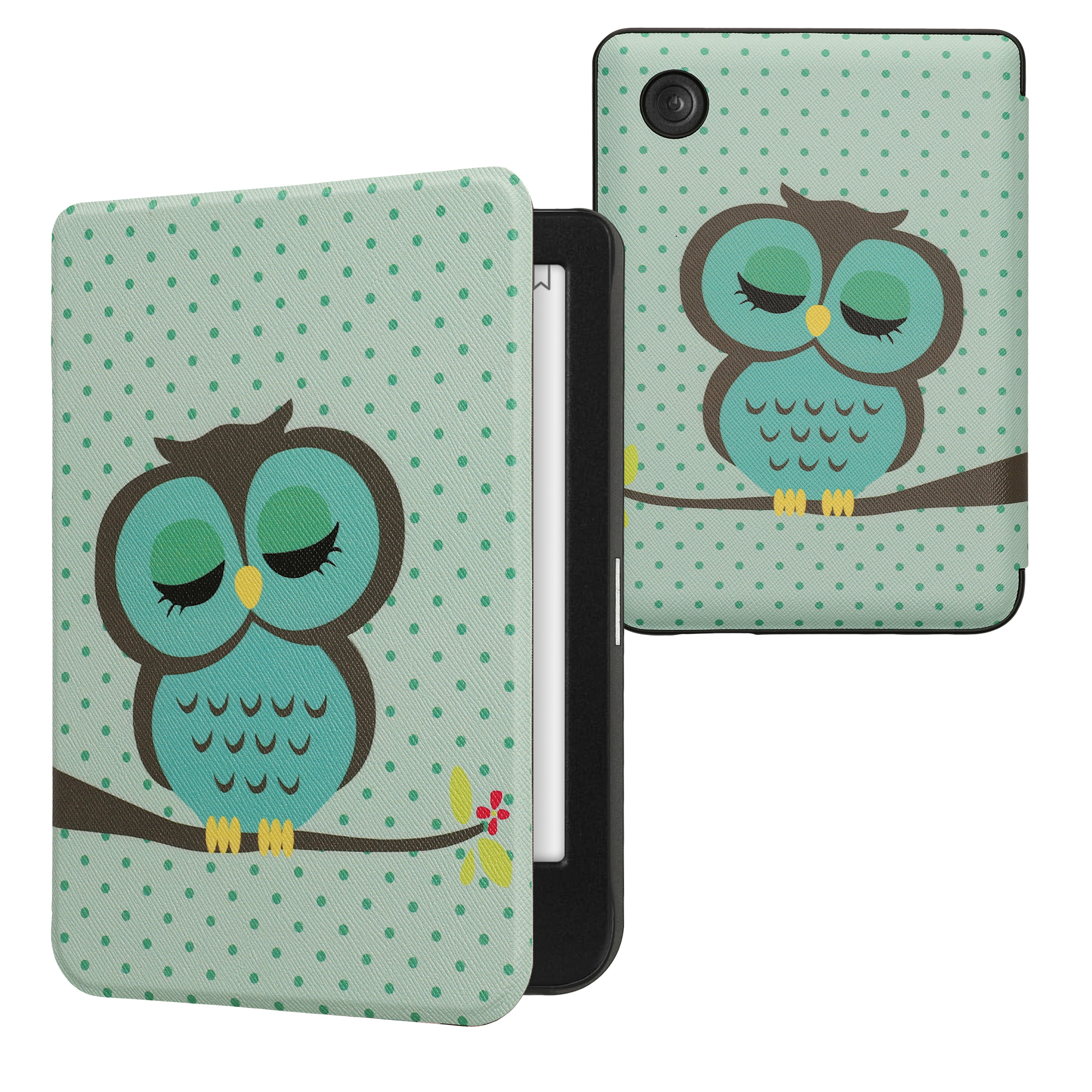 Flip pouzdro na čtečku s magnetem Kobo Clara BW/Colour Sleeping Owl tyrkysovo-hnědo-mint
