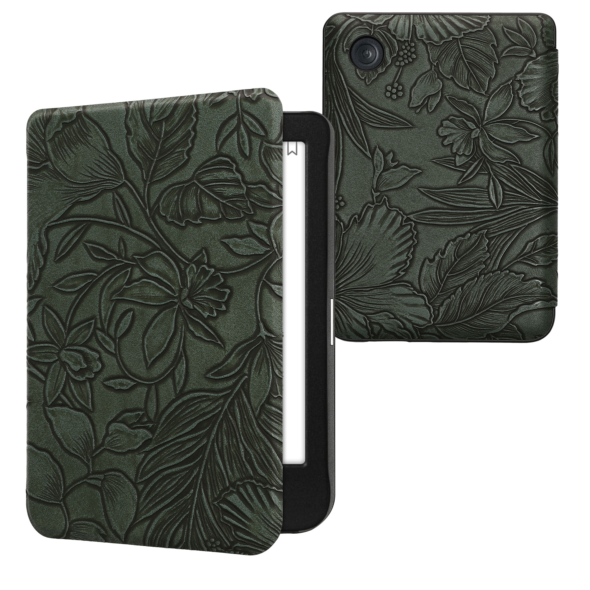 Flip pouzdro na čtečku s magnetem Kobo Clara BW/Colour Embossing Flowers zelené se stojánkem