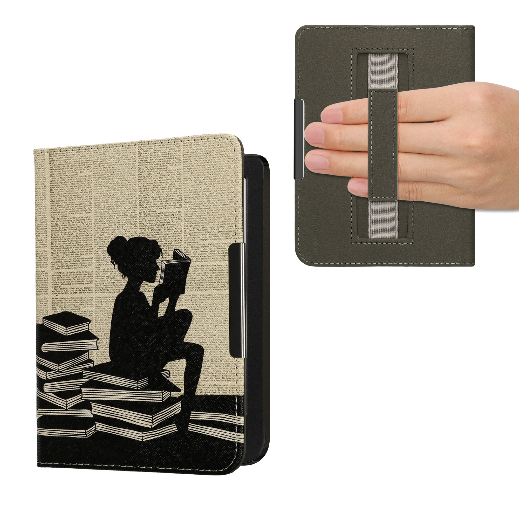 Flip pouzdro na čtečku s poutkem Kobo Clara BW/Colour Girl and Books černo-béžové