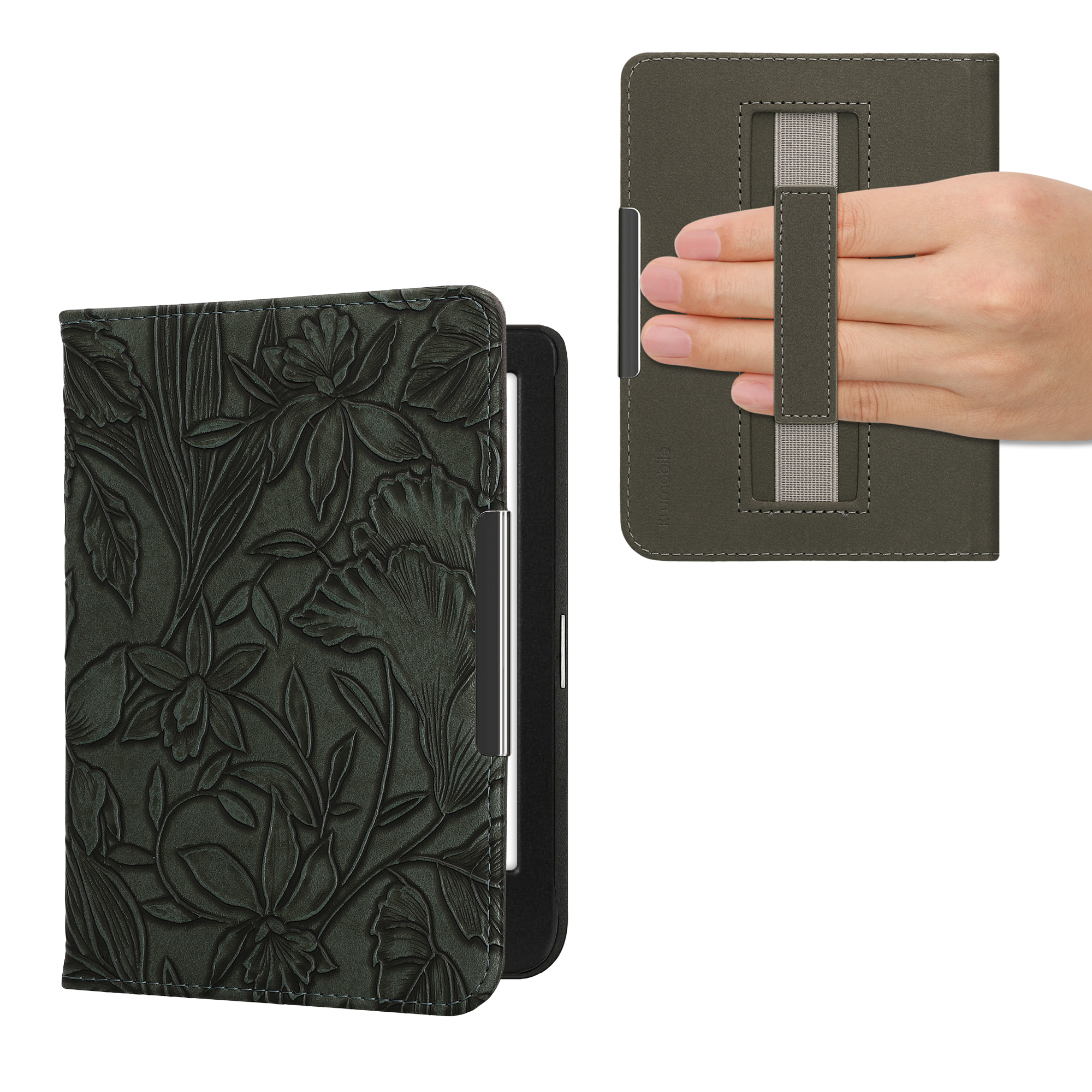 Obal pro Kobo Clara BW / Colour kwmobile s poutkem - reliéfní motiv květiny s zelená