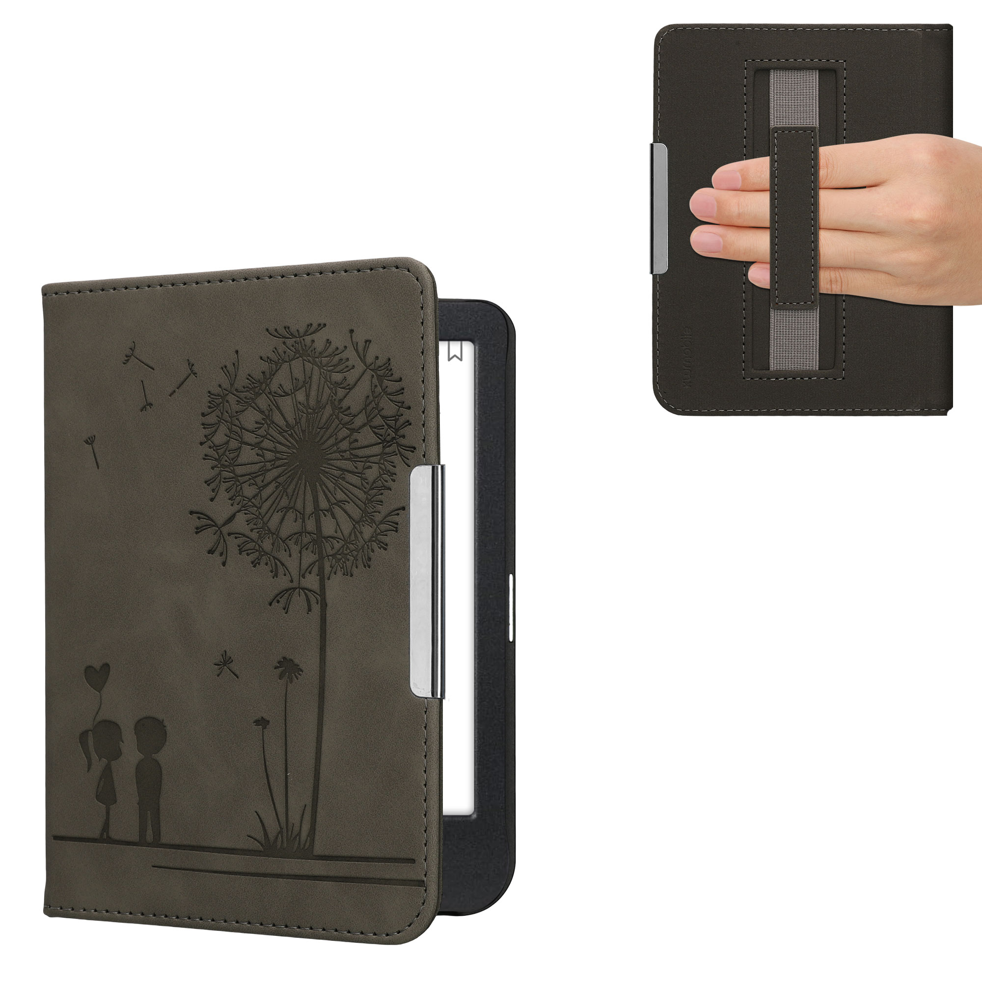 Nubukové flip pouzdro na čtečku Kobo Clara BW/Colour Dandelion Love šedé se stojánkem