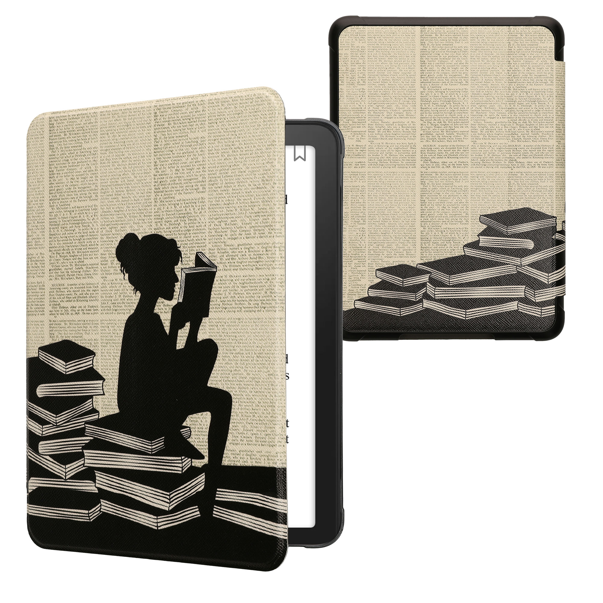 Pouzdro na čtečku kwmobile Kindle Paperwhite 2024 / Colorsoft - Girl and Books - černá / béžová