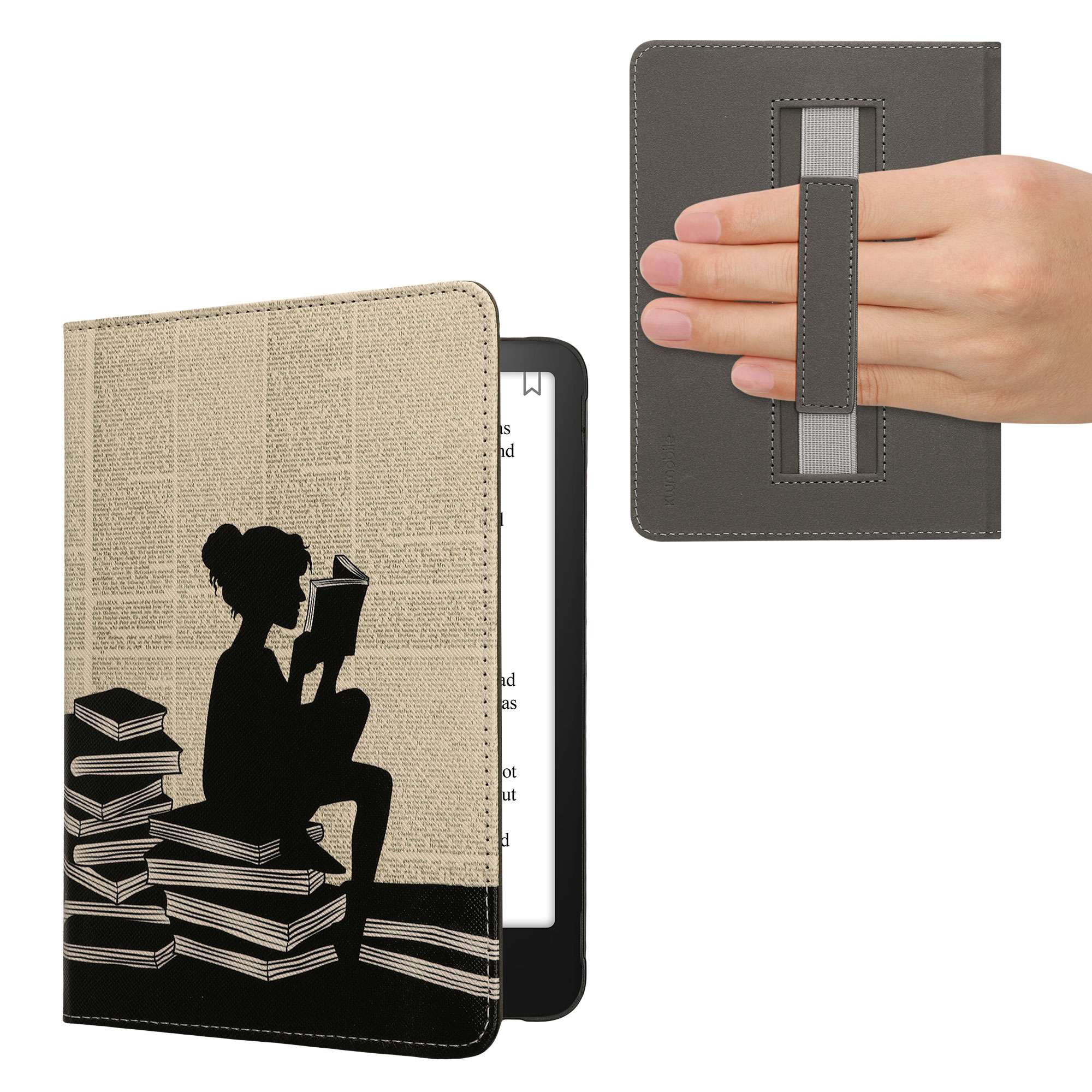 Pouzdro na čtečku kwmobile Kindle Paperwhite 2024 / Colorsoft - Girl and Books - černá / béžová