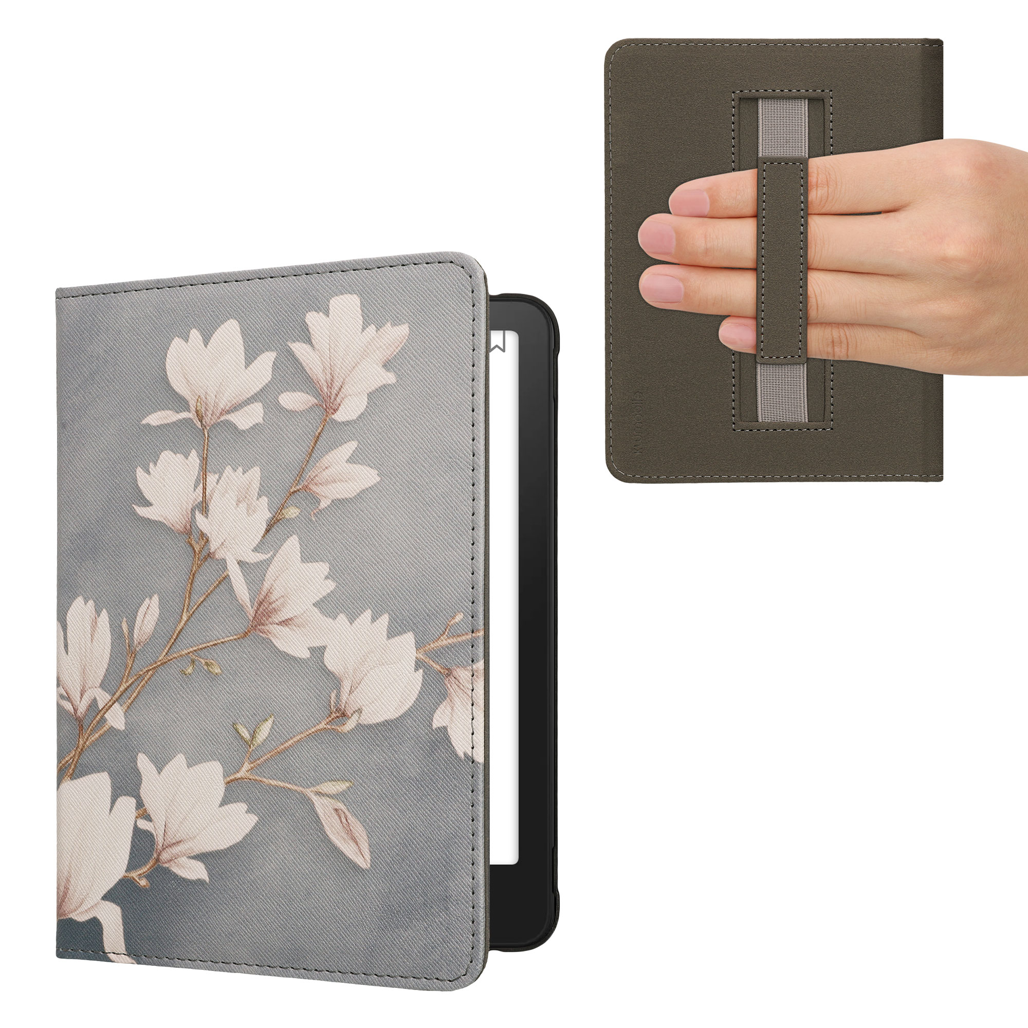 Pouzdro na čtečku kwmobile Kindle Paperwhite 2024 / Colorsoft - Magnolias - taupe / bílá / modrošedá