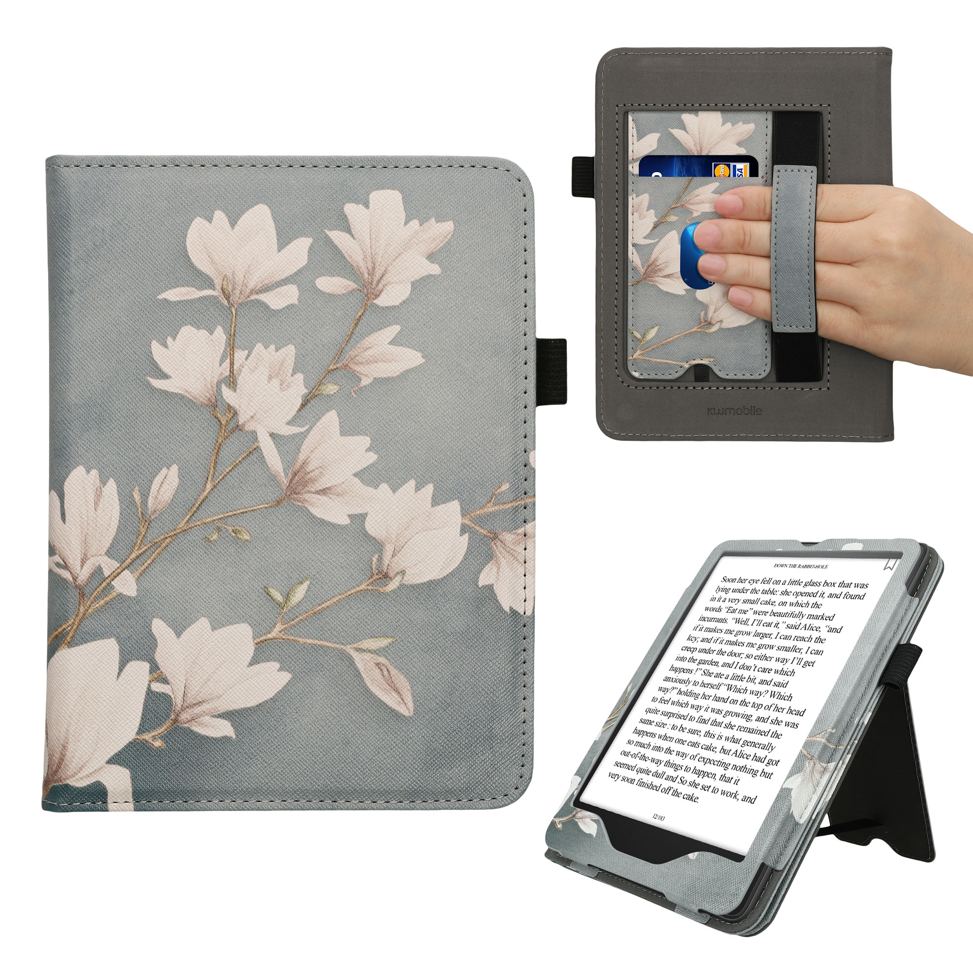 Pouzdro na čtečku kwmobile Kindle Paperwhite 2024 / Colorsoft - Magnolias taupe / bílá / modrošedá