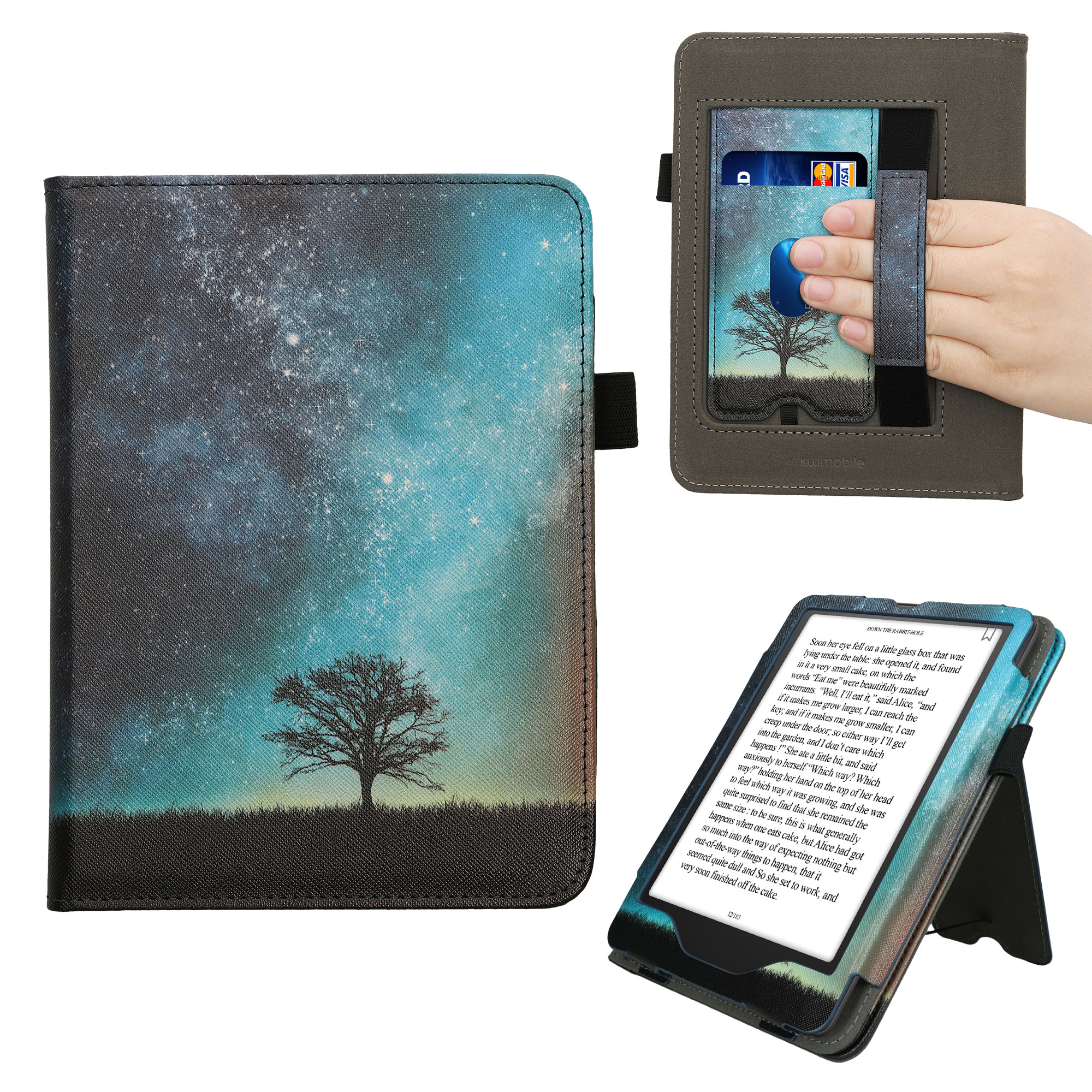 Pouzdro na čtečku kwmobile Kindle Paperwhite 2024 / Colorsoft - Cosmic Nature modrá / šedá / černá