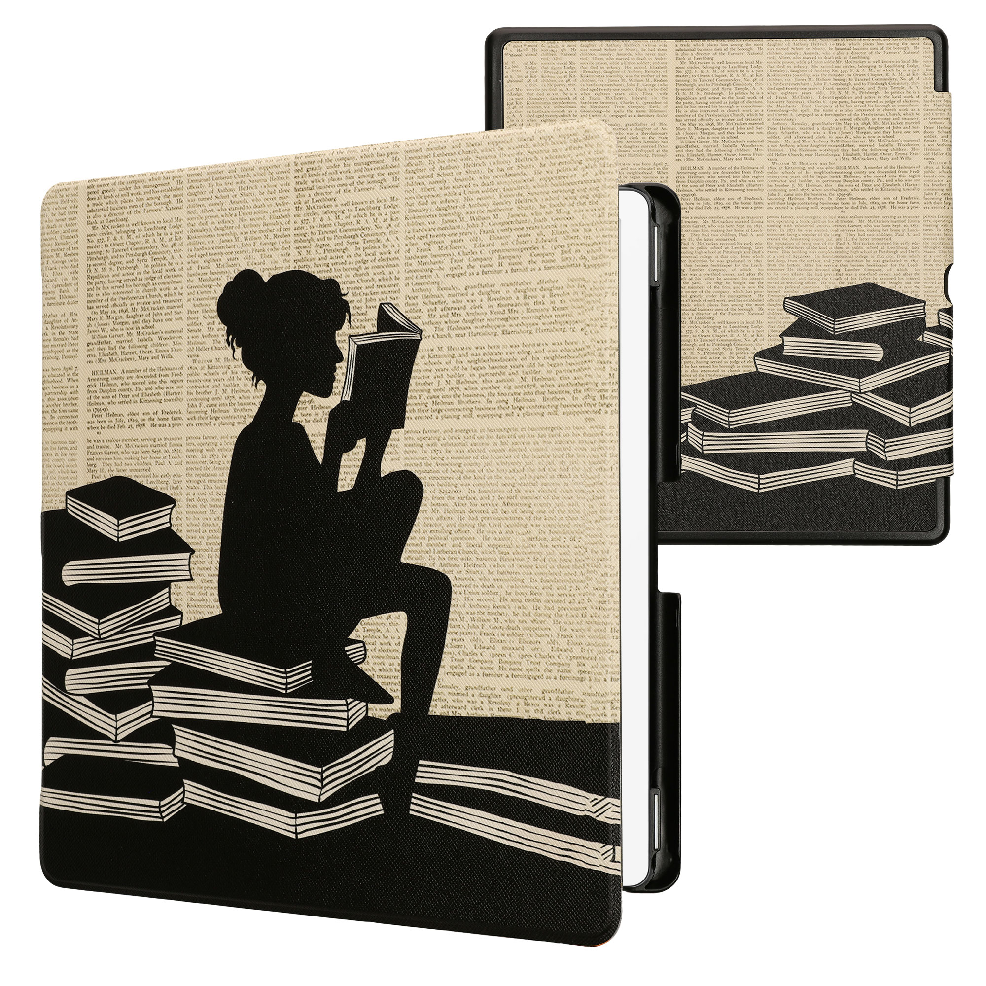 Pouzdro na čtečku kwmobile Kindle Scribe 2024 - Girl and Books - černá / béžová