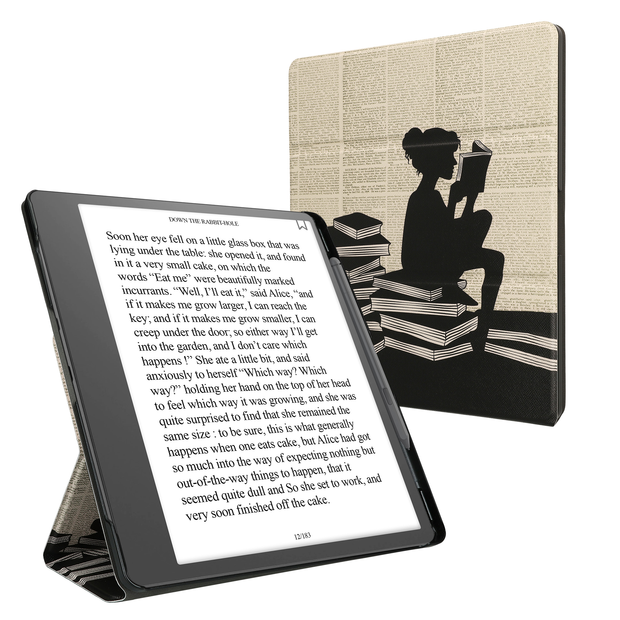 Obal pro Amazon Kindle Scribe (2022/2024) kwmobile se stojánkem z eko kůže - motiv dívka s knihami
