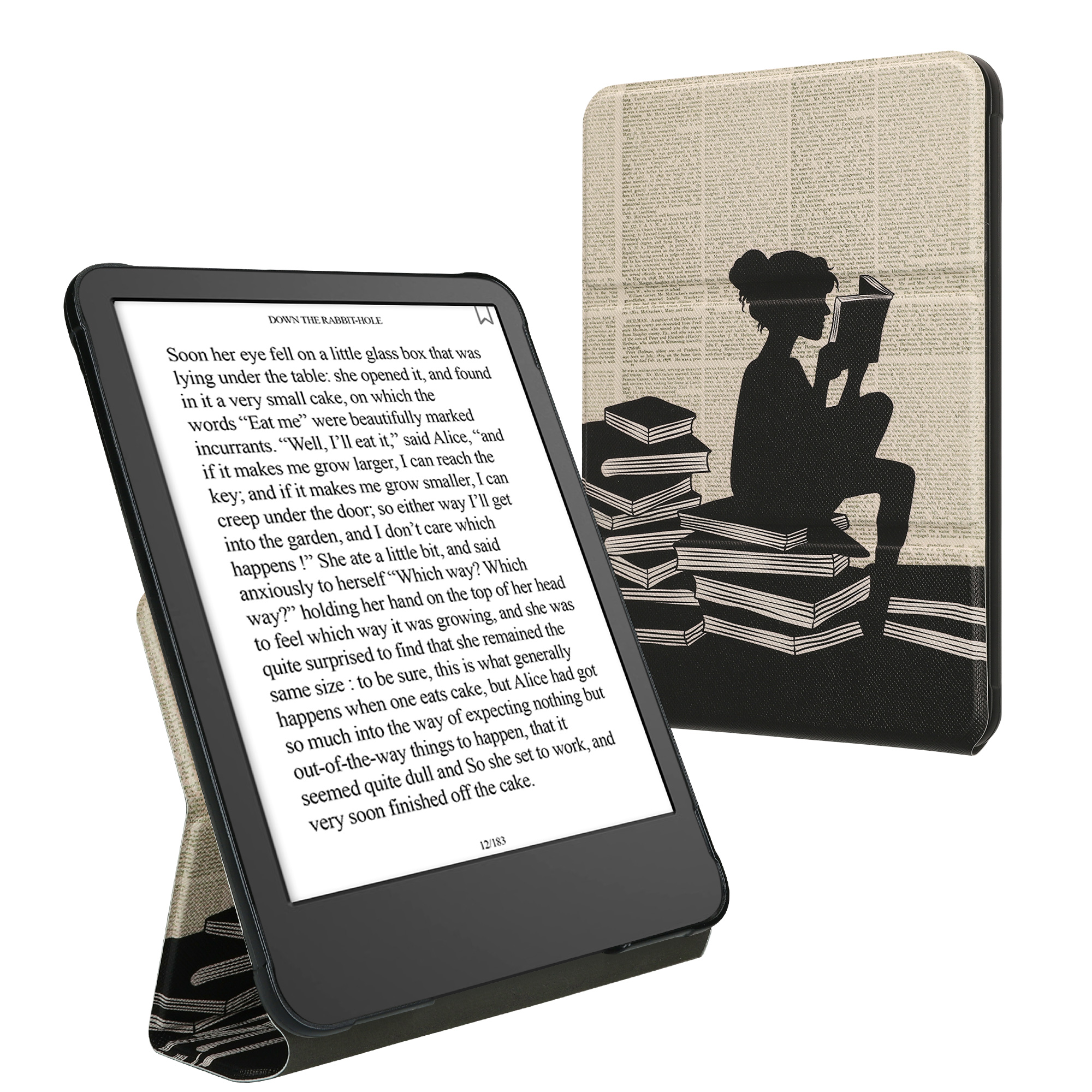 Pouzdro na čtečku kwmobile Kindle Paperwhite 2024 / Colorsoft - černá / béžová Girl and Books