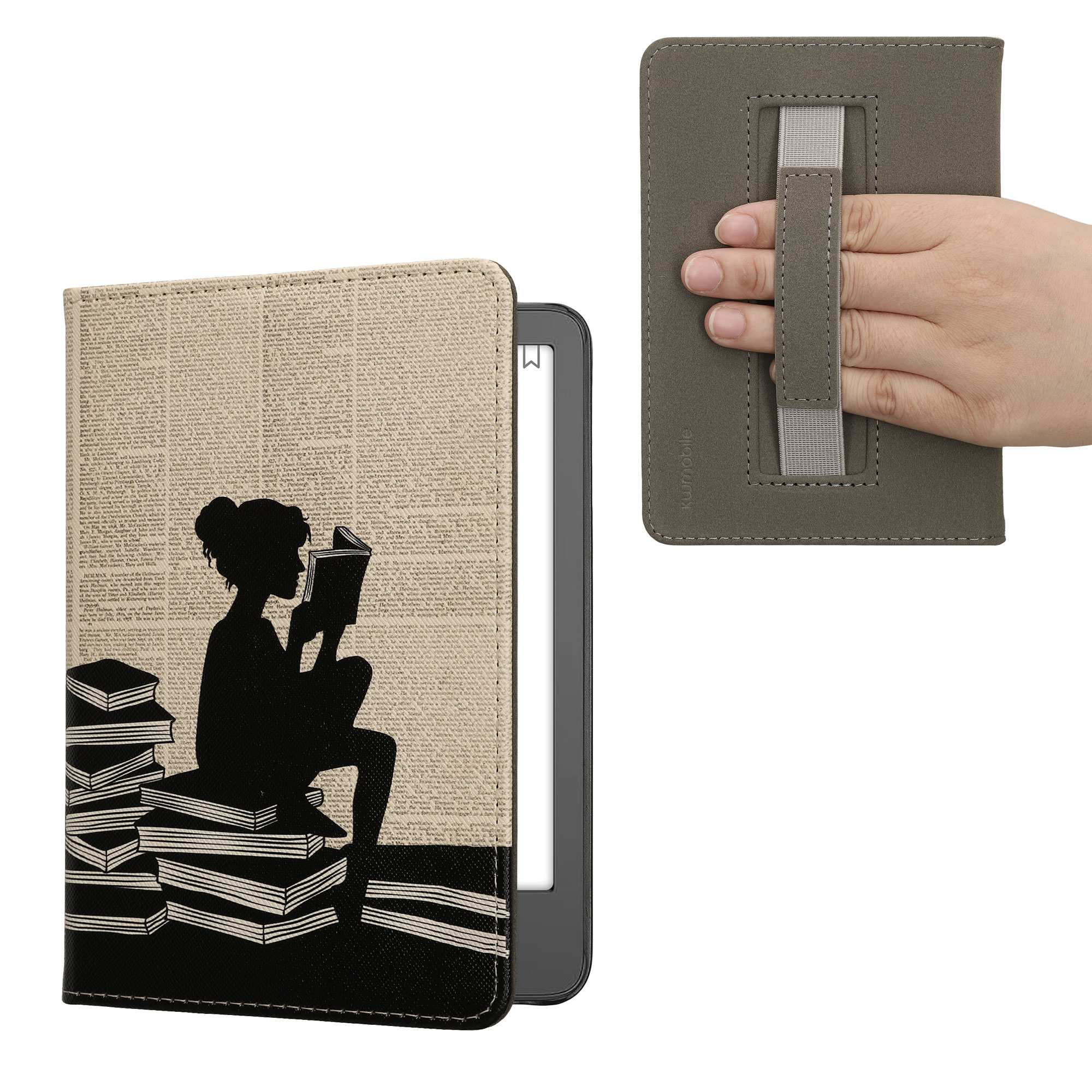 Pouzdro na čtečku kwmobile pro Amazon Kindle (2022/2024) - motiv dívka a knihy černá / béžová