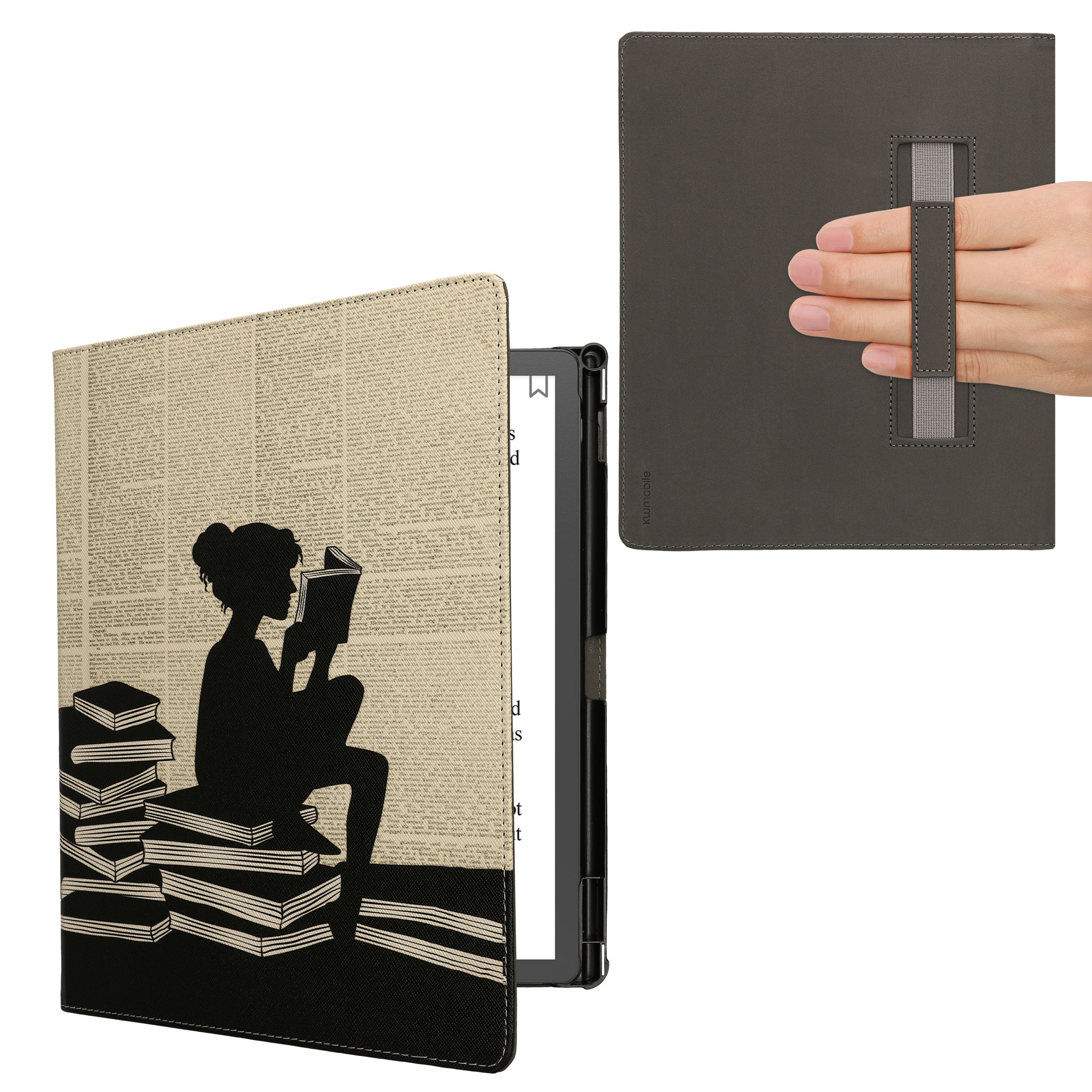 Obal pro Amazon Kindle Scribe 11" (2025) kwmobile s poutkem - motiv dívka s knihami s černá / béžová