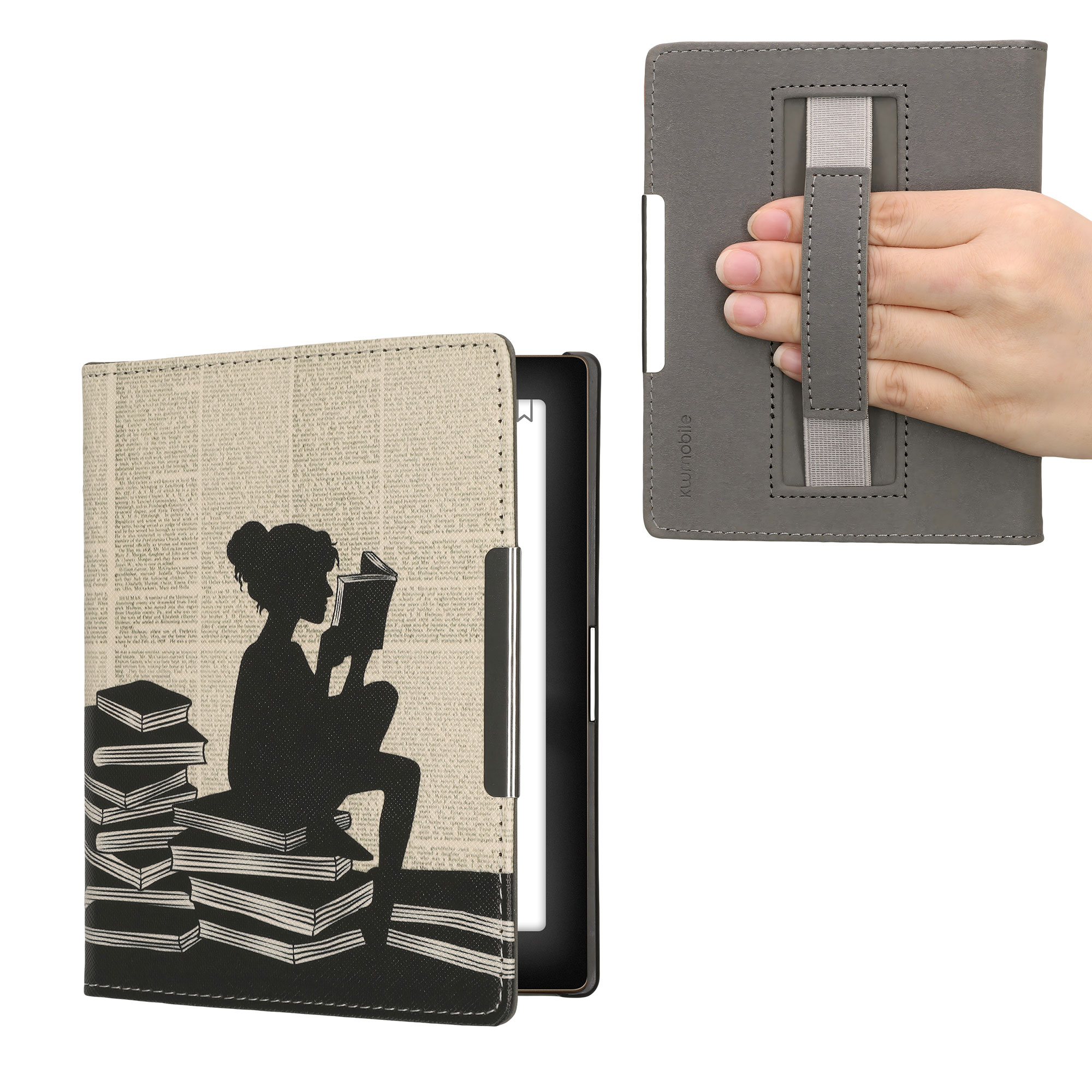 Obal pro Kobo Aura Edition 1 kwmobile s poutkem - motiv dívka s knihami s černá / béžová