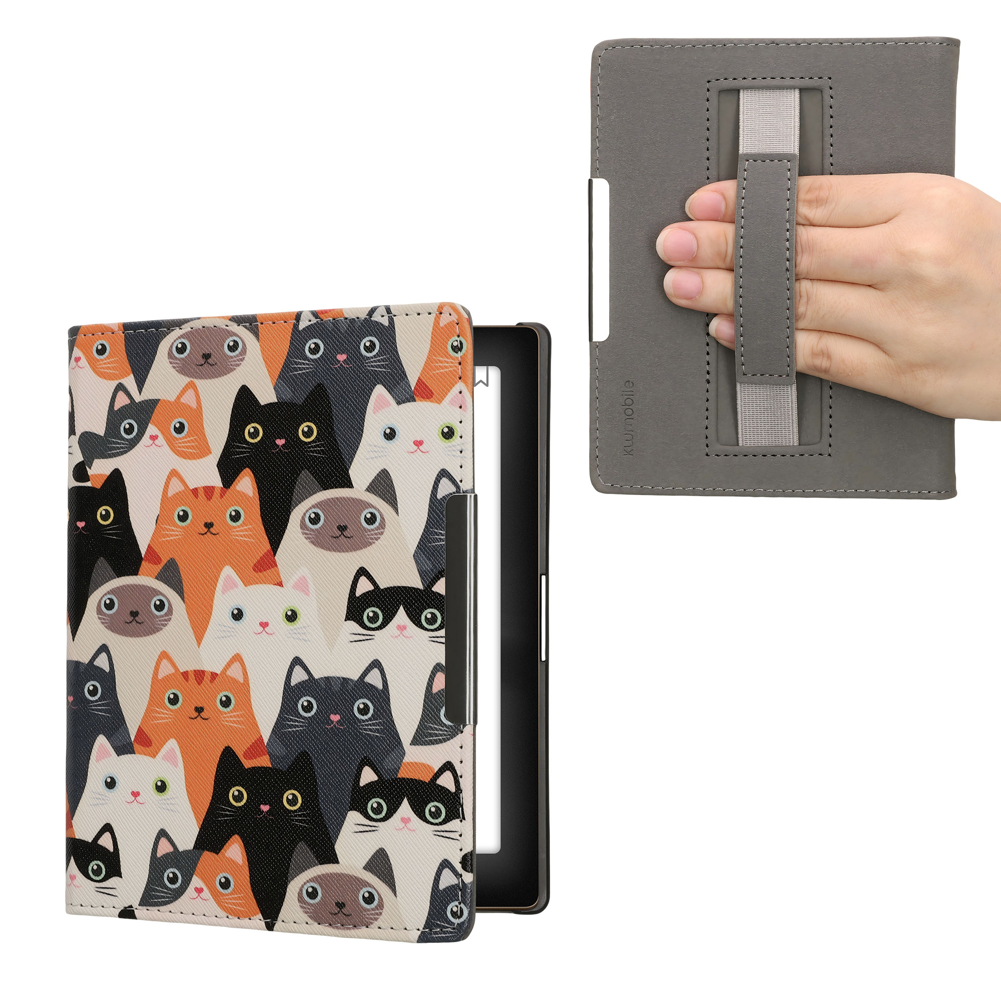 Obal pro Kobo Aura Edition 1 kwmobile s poutkem - motiv kočky, oranžová / černá / bílá