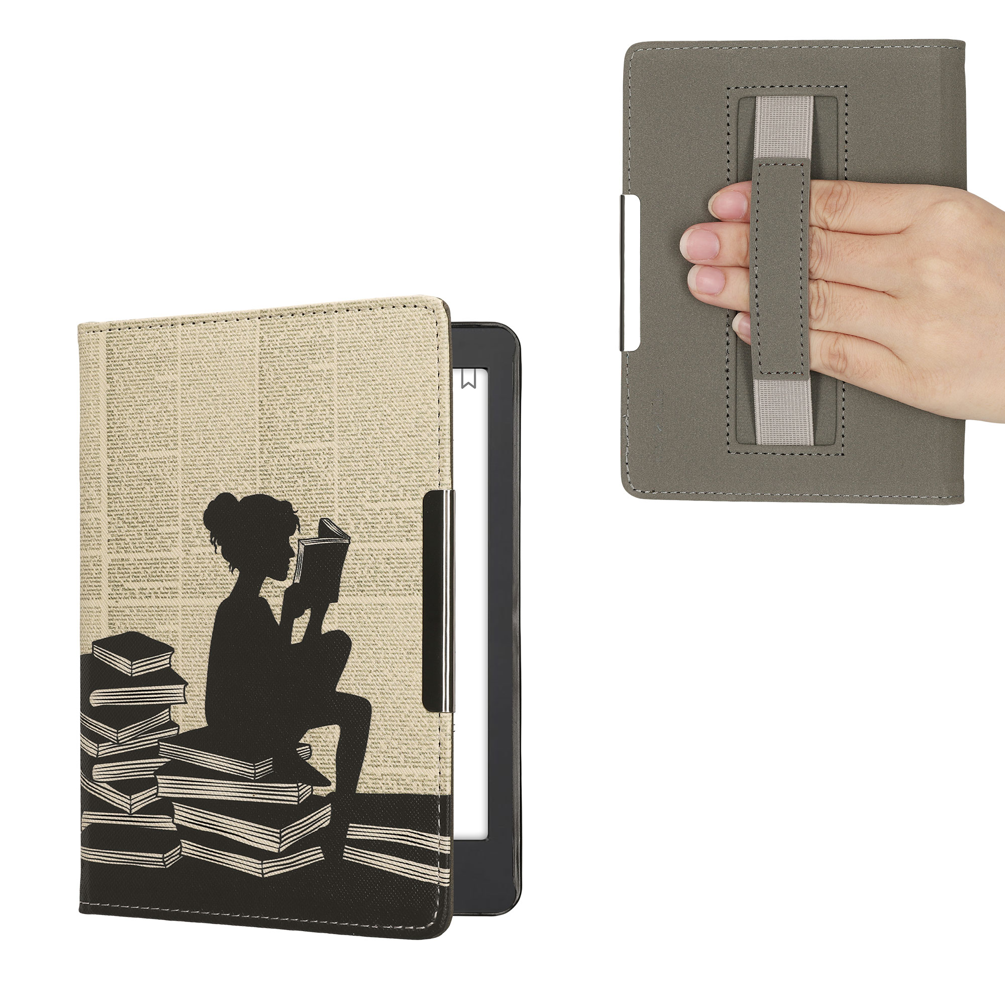 Obal pro Kobo Aura Edition 2 kwmobile s poutkem - motiv dívka s knihami s černá / béžová