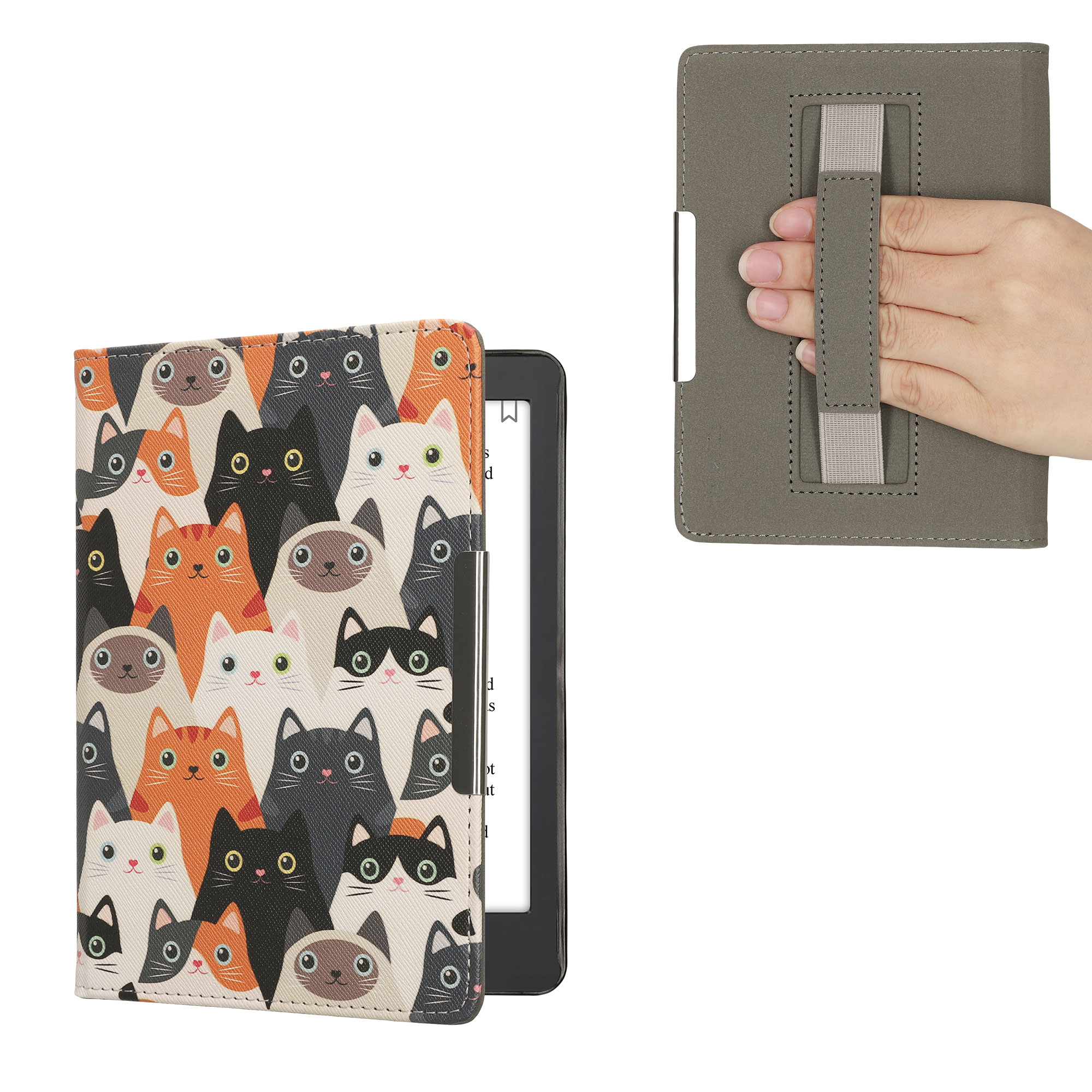 Obal pro Kobo Aura Edition 2 kwmobile s poutkem - motiv kočky, oranžová / černá / bílá