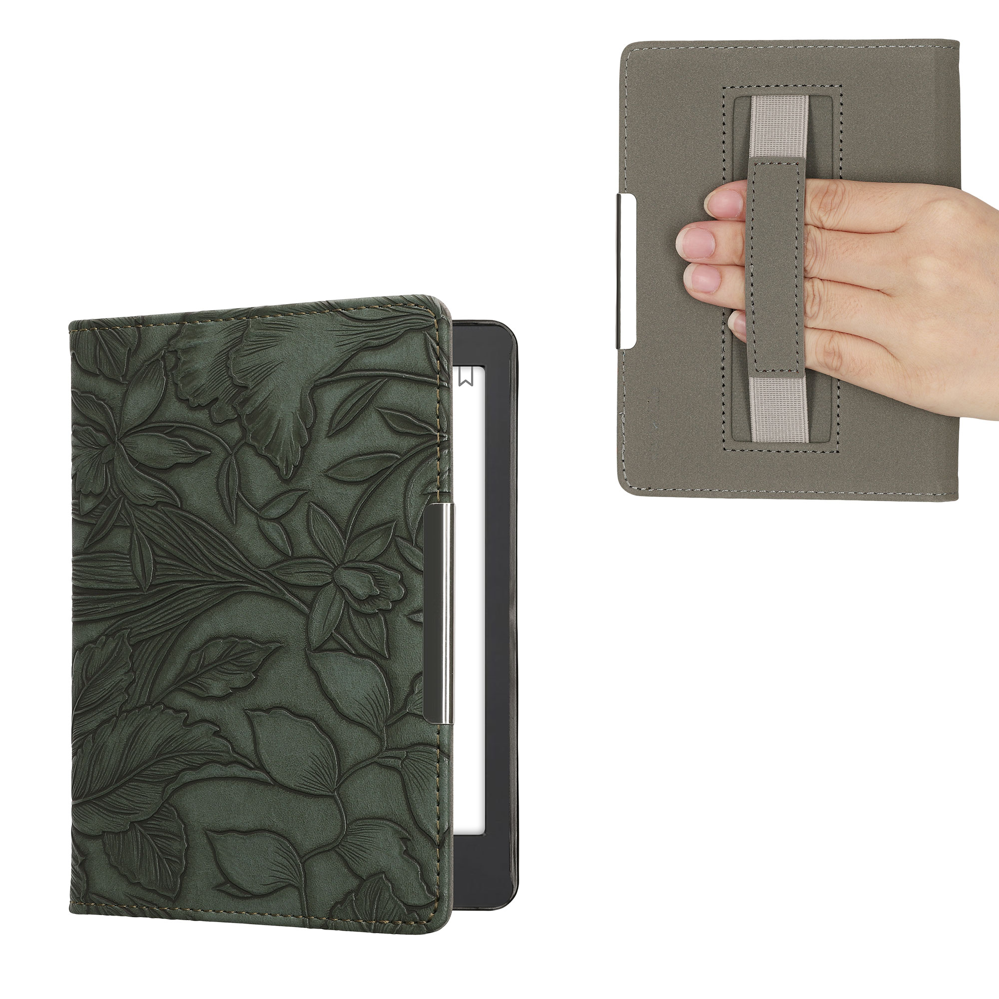 Obal pro Kobo Aura Edition 2 kwmobile s poutkem - reliéfní motiv květiny s zelená