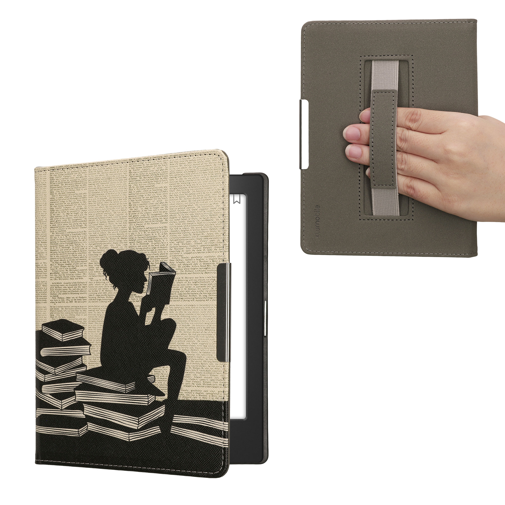 Obal pro Kobo Aura H2O Edition 1 kwmobile s poutkem - motiv dívka s knihami s černá / béžová