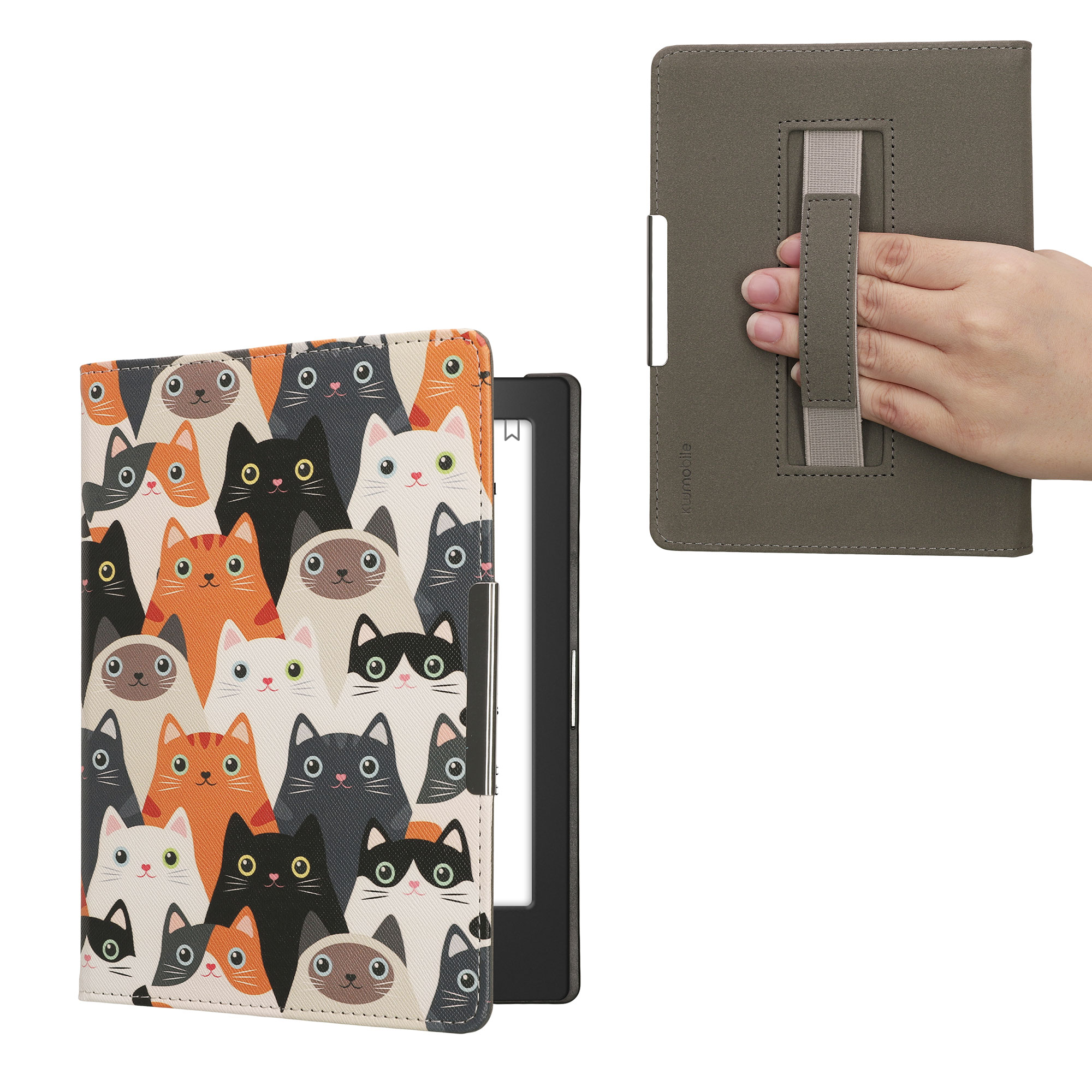 Obal pro Kobo Aura H2O Edition 1 kwmobile s poutkem - motiv kočky, oranžová / černá / bílá