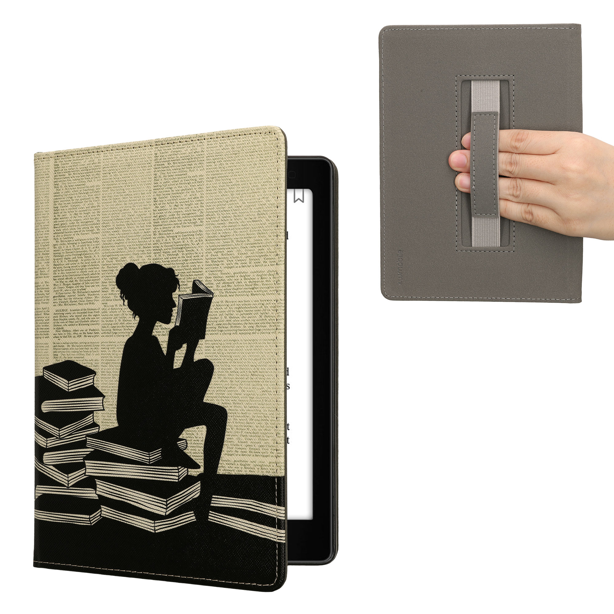 Obal pro Kobo Aura ONE kwmobile s poutkem - motiv dívka s knihami s černá / béžová