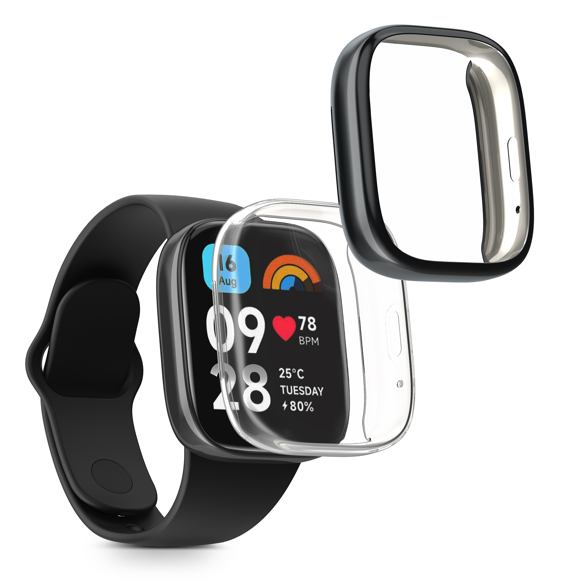 kwmobile ochranný kryt na chytré hodinky Redmi Watch 3 Active - transparentní / černá