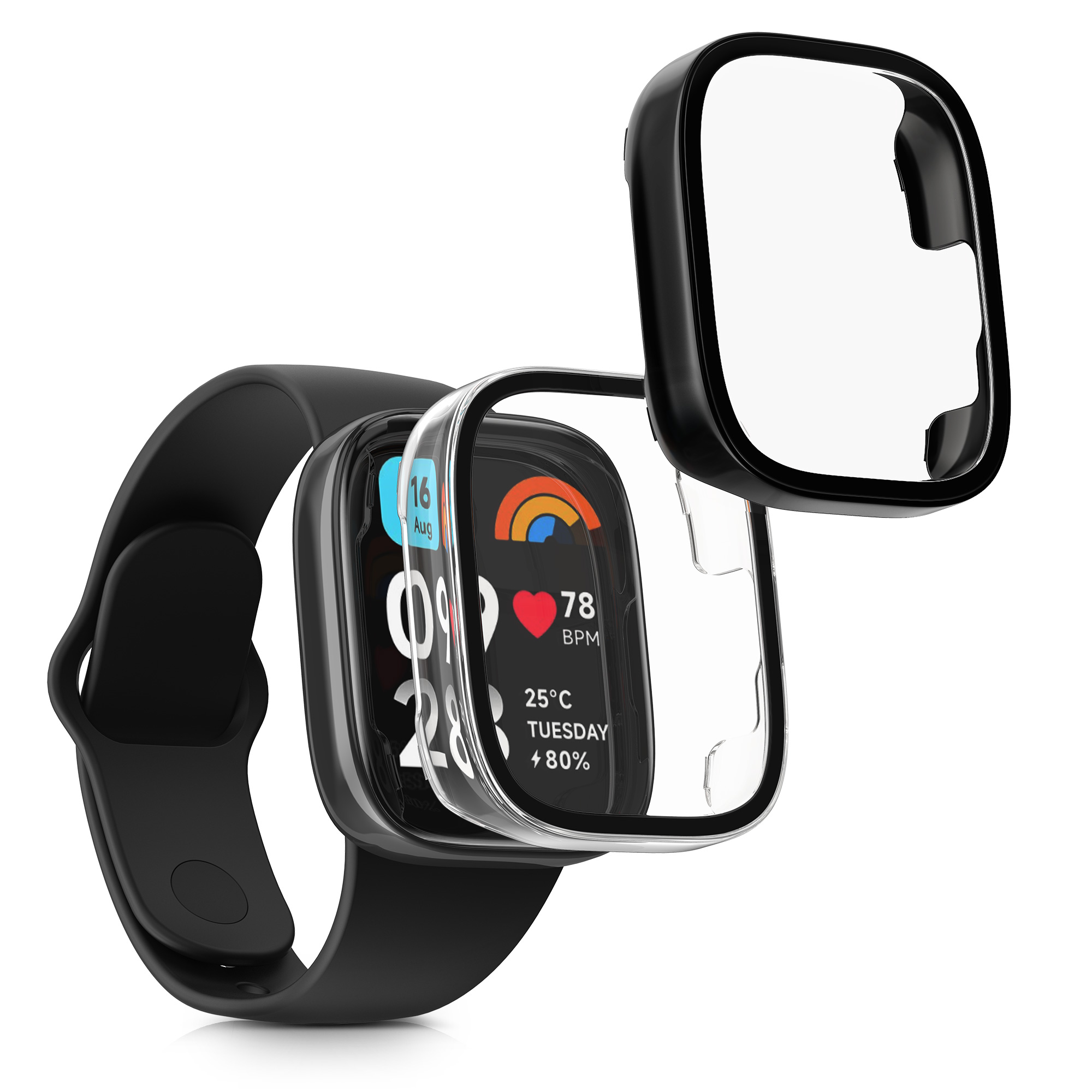 Kryt s tvrzeným sklem pro Xiaomi Redmi Watch 3 Active / Redmi Watch 3 Lite, 2 ks kwmobile ‑ čirá / černá