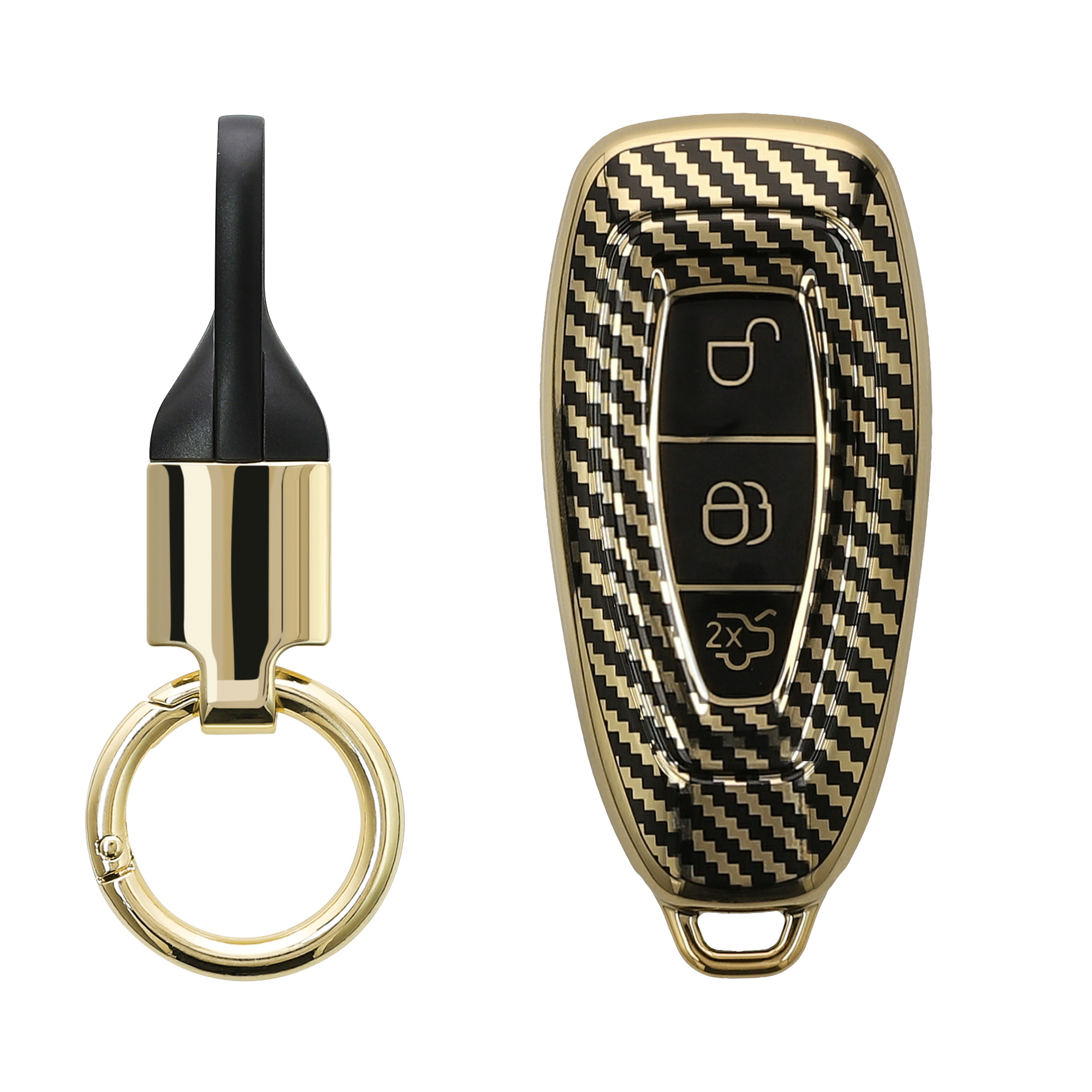 Kryt klíče Ford 3 tlačítka Keyless Go kwmobile, metalický karbon, zlatá / černá