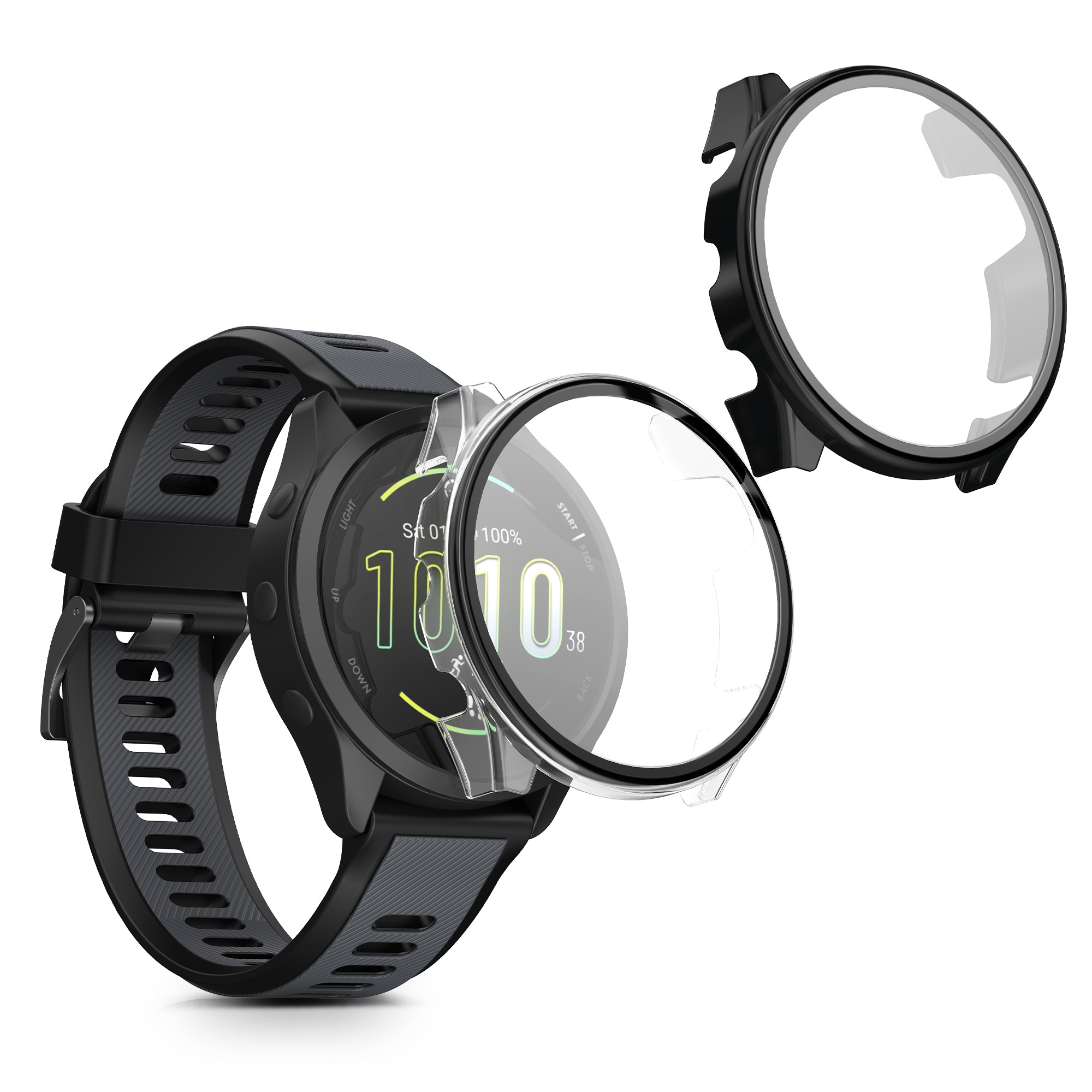 Ochranné kryty s tvrzeným sklem pro Garmin Forerunner 165 / Forerunner 165 Music kwmobile sada 2 ks - transparentní / černá