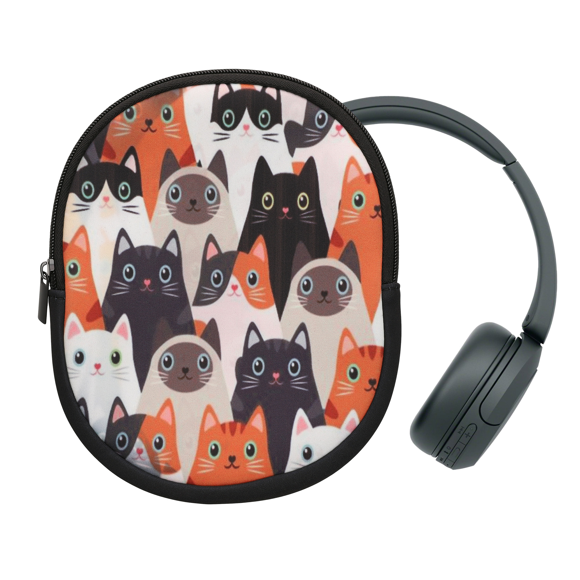 Pouzdro kwmobile na sluchátka Sony WH-CH520 / WH-CH510 / MDR-ZX110 - motiv kočky, oranžová / černá / bílá