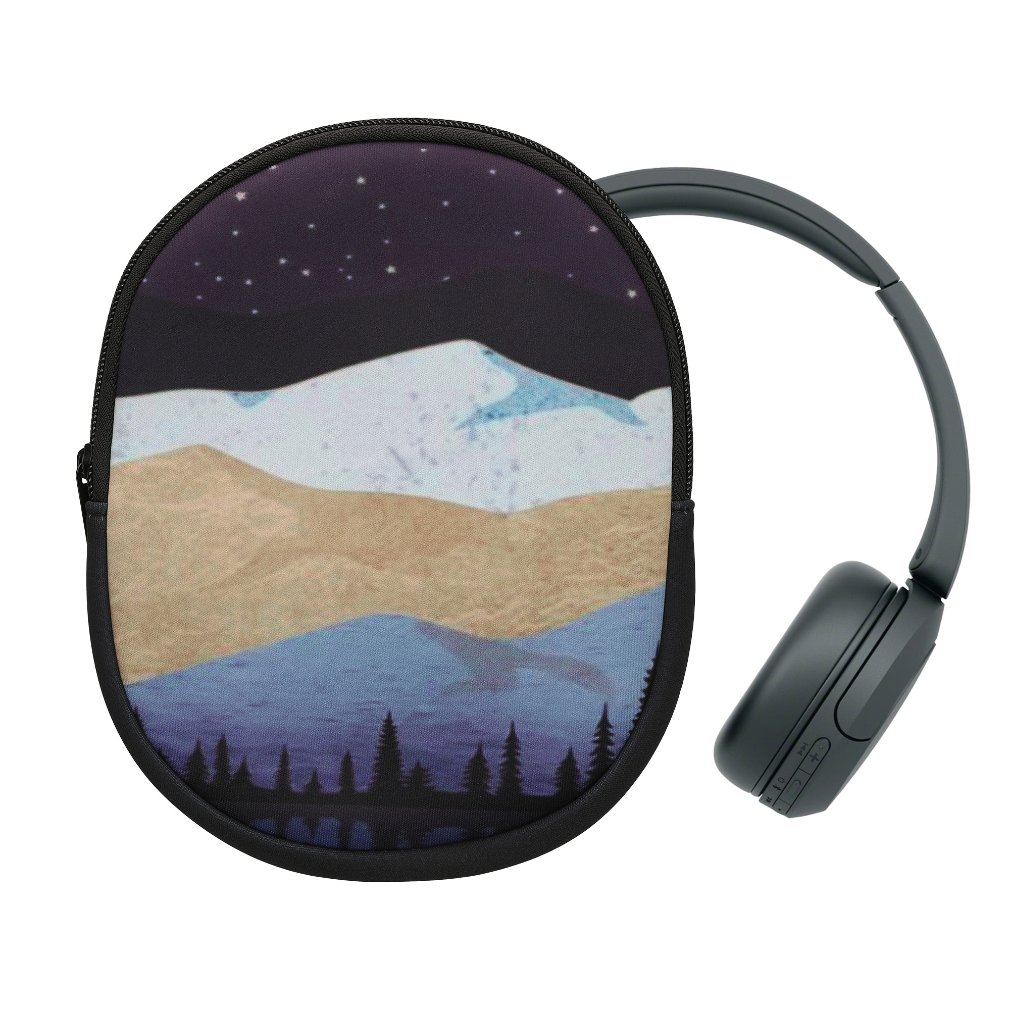 Pouzdro kwmobile na sluchátka Sony WH-CH520 / WH-CH510 / MDR-ZX110 - motiv hvězdné noční jezero, bílá / světle hnědá / tmavě modrá