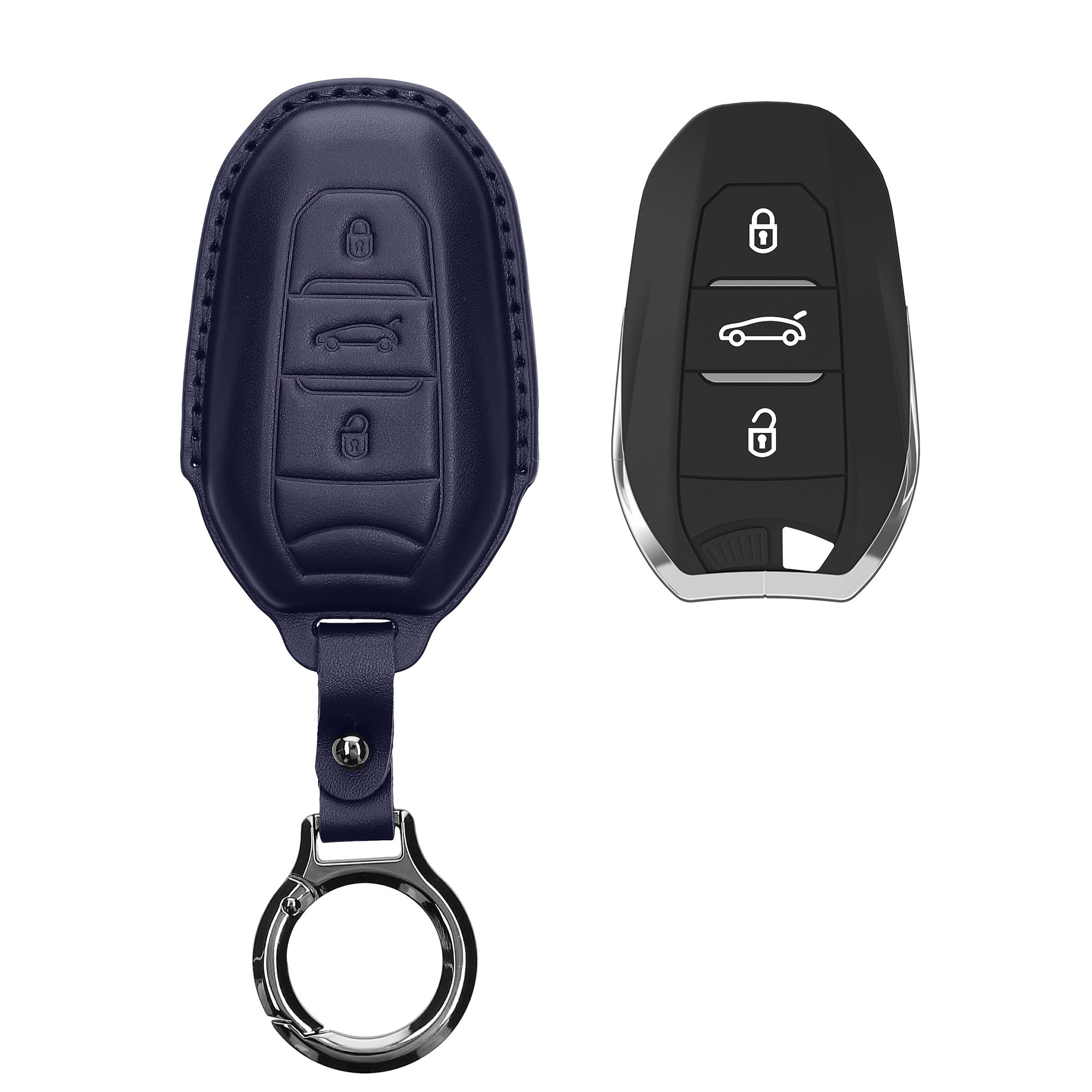 Obal na klíč od auta pro Peugeot Citroen chytrý klíč se 3 tlačítky kwmobile s kroužkem z pravé kůže - tmavě modrá