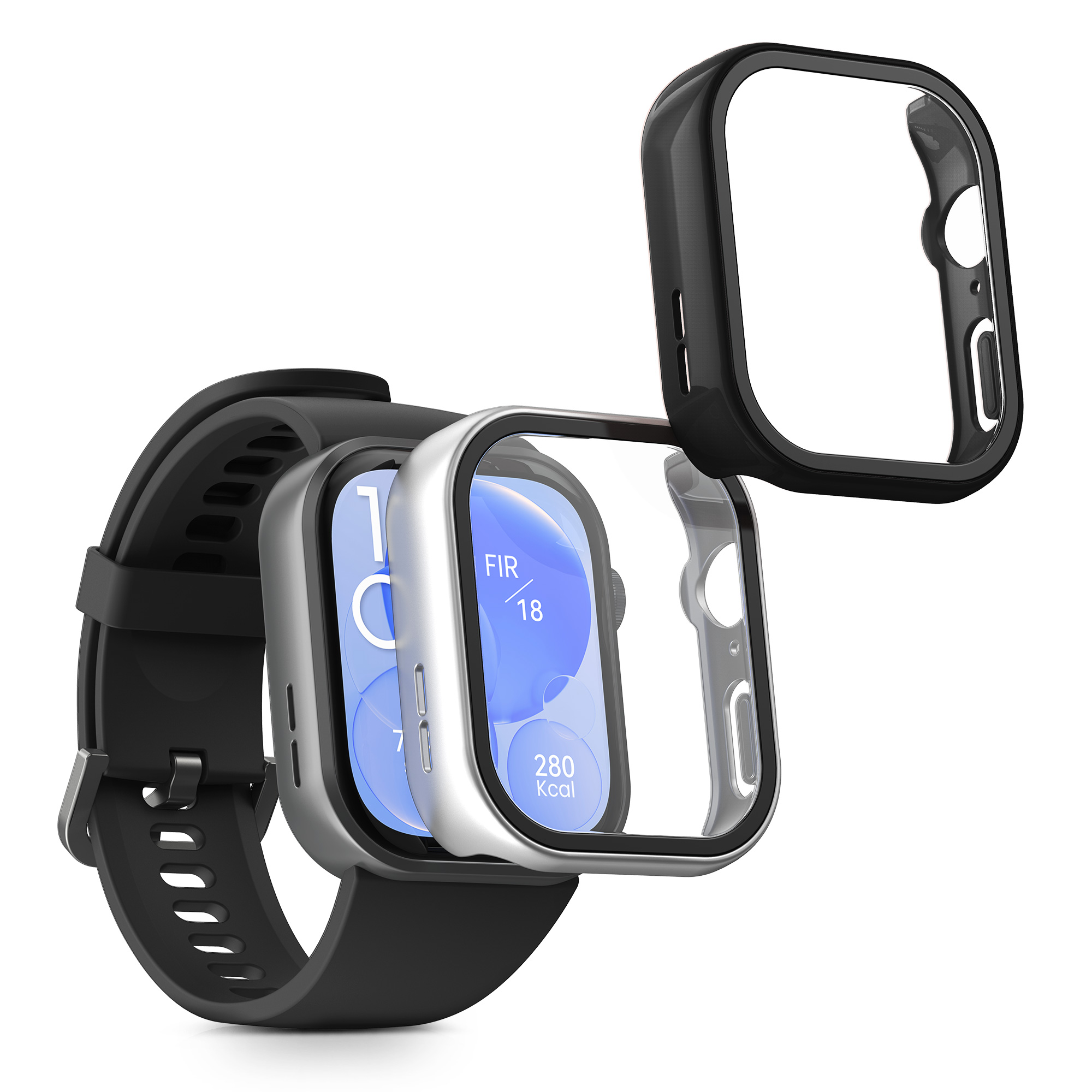 2x obal s ochranným sklem pro Huawei Watch Fit 3 kwmobile - stříbrná / černá