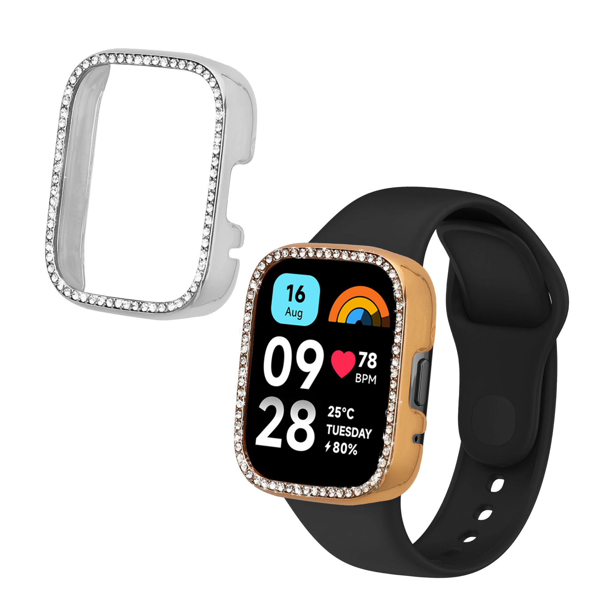 Ochranné rámečky s třpytkami pro Xiaomi Redmi Watch 3 Active / Redmi Watch 3 Lite kwmobile sada 2 ks - stříbrná / růžové zlato