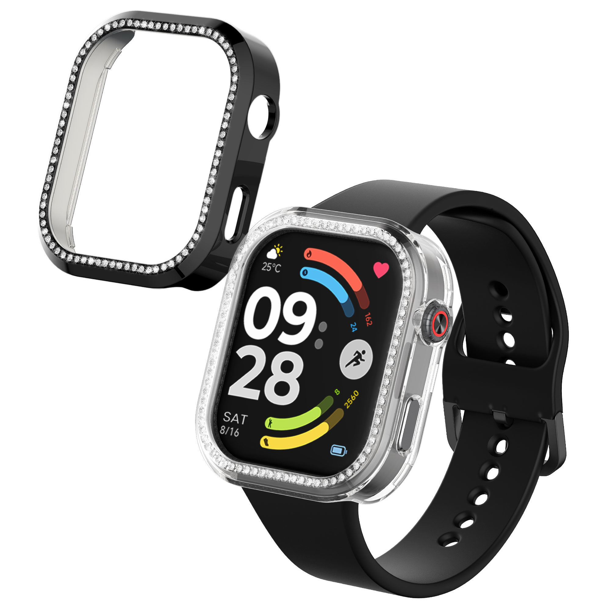 Ochranné rámečky s třpytkami pro Xiaomi Redmi Watch 6 kwmobile sada 2 ks - černá / transparentní