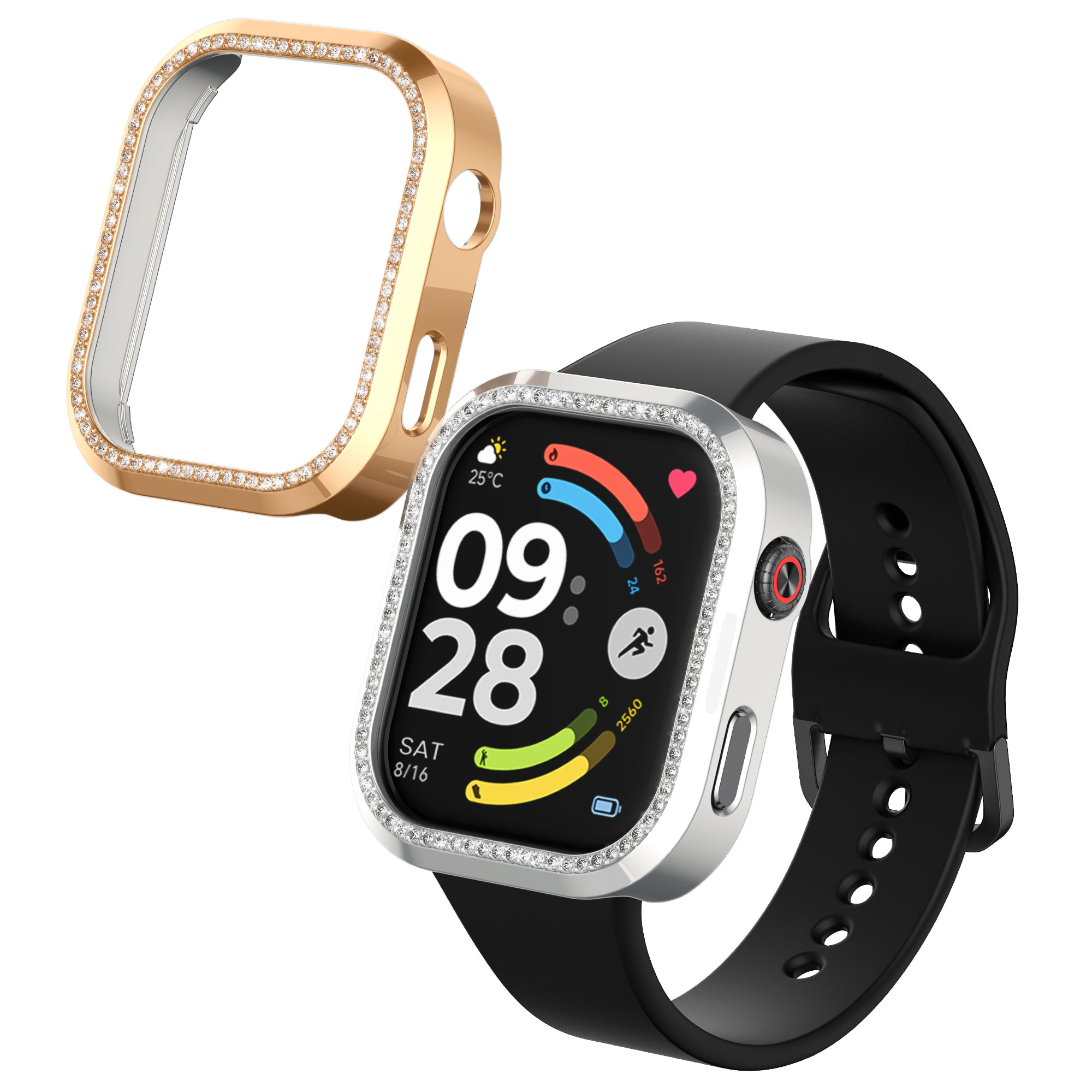 Ochranné rámečky s třpytkami pro Xiaomi Redmi Watch 6 kwmobile sada 2 ks - růžové zlato / stříbrná