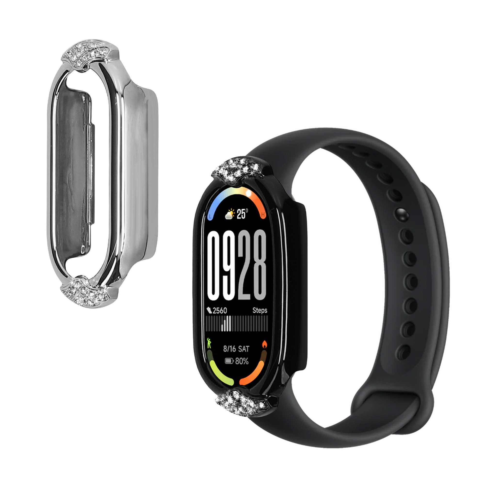 Ochranné rámečky s třpytkami pro Xiaomi Mi Band 10 / Mi Band 9 / 8 kwmobile sada 2 ks - černá / stříbrná