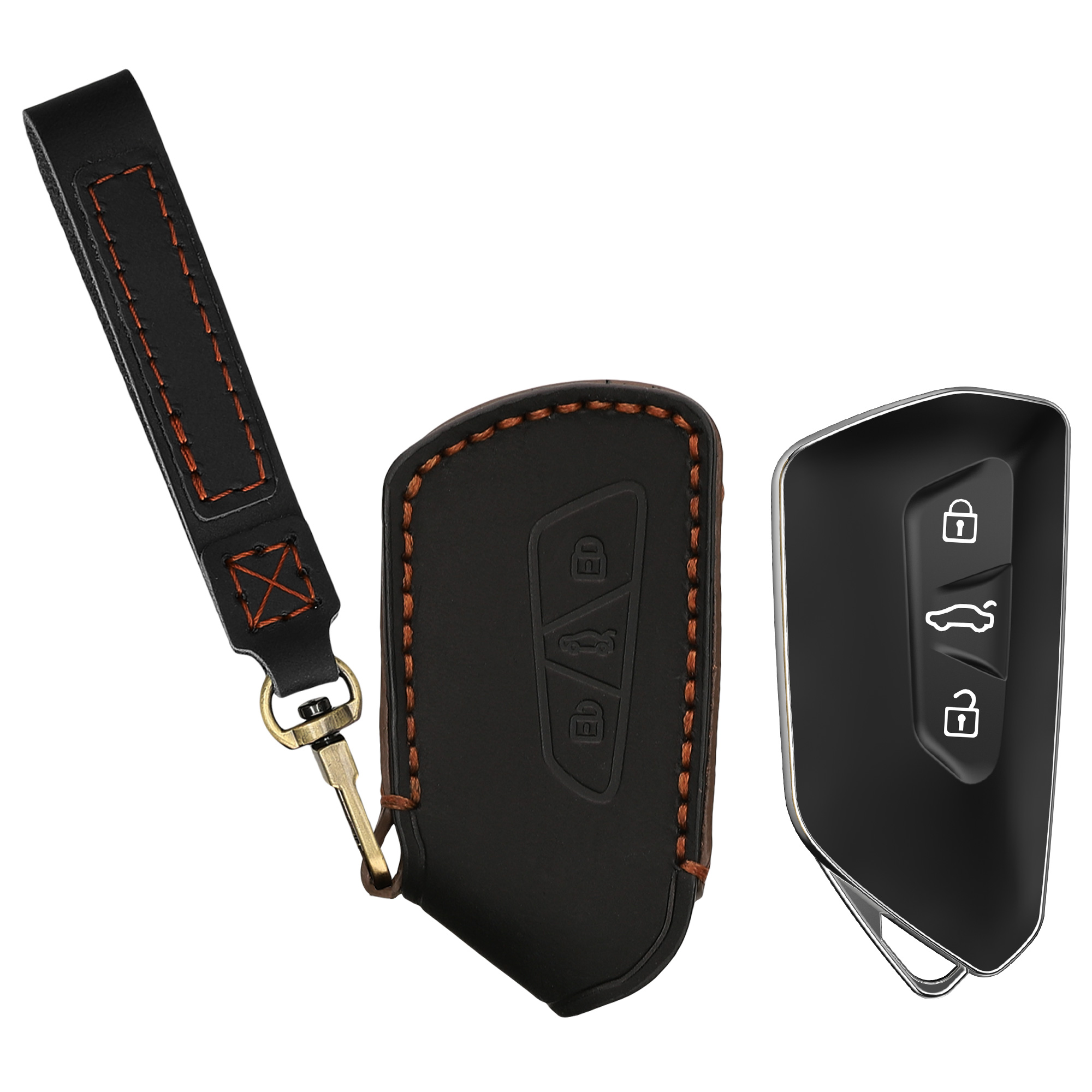 Pouzdro z pravé kůže na klíč od auta pro VW Golf 8 klíč se 3 tlačítky kwmobile s kroužkem - černá