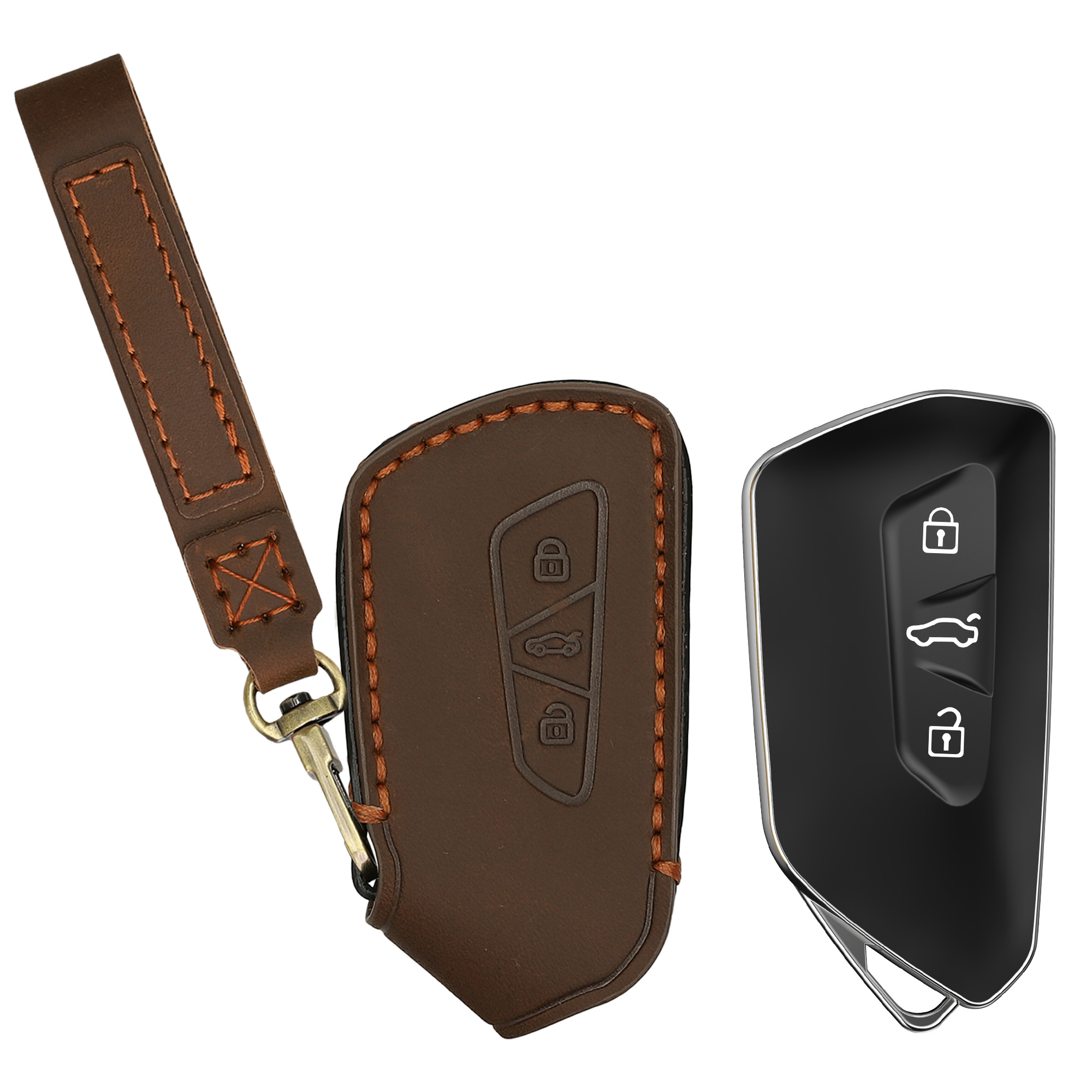 Pouzdro z pravé kůže na klíč od auta pro VW Golf 8 klíč se 3 tlačítky kwmobile s kroužkem - světle hnědá