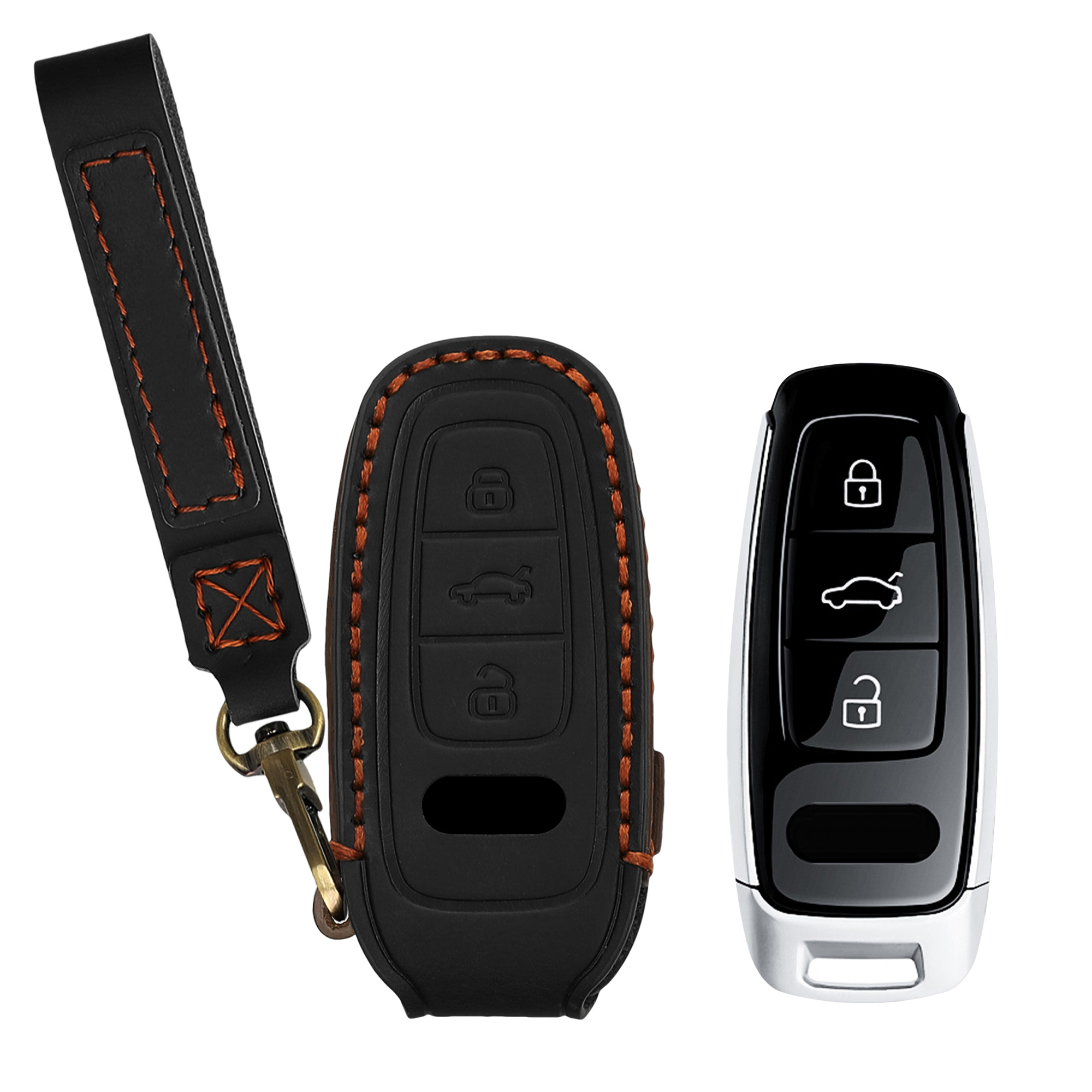 Pouzdro z pravé kůže na klíč od auta pro Audi A6 A7 A8 Q7 Q8 klíč se 3 tlačítky a funkcí Keyless Go kwmobile s kroužkem - černá