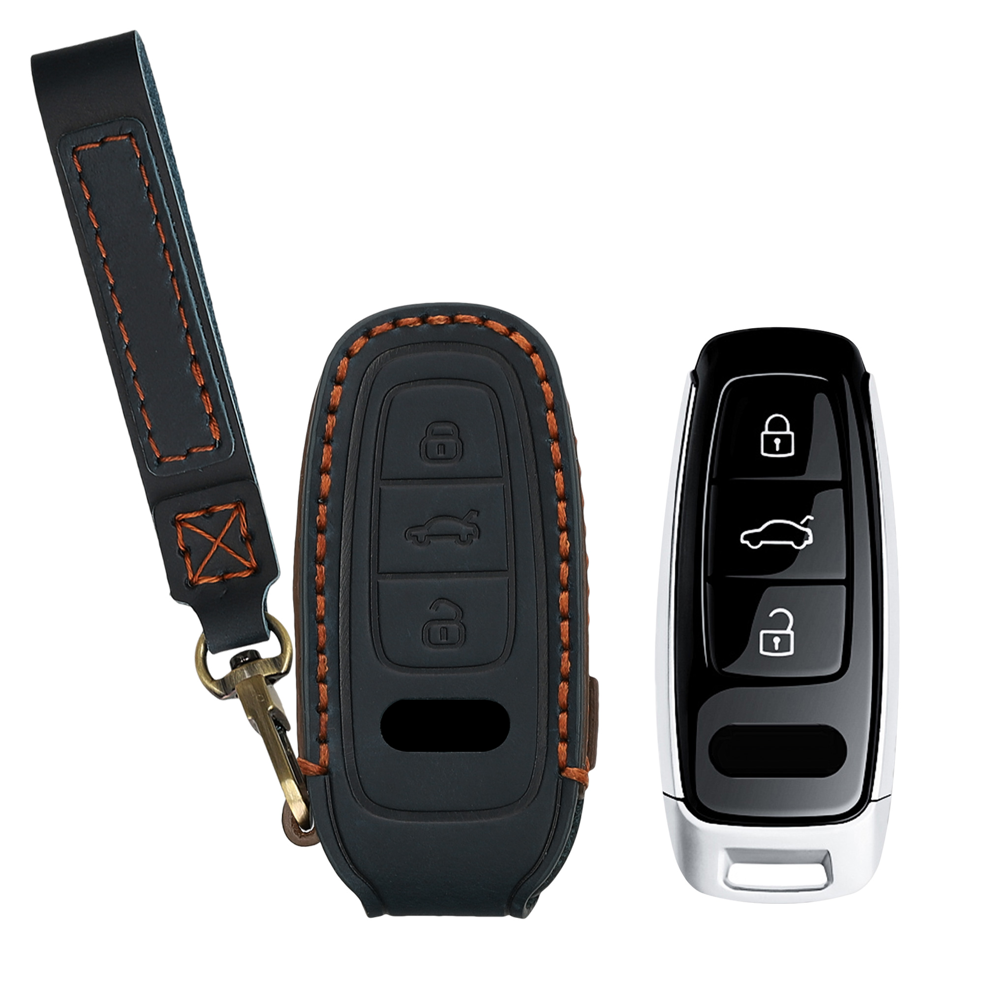 Pouzdro z pravé kůže na klíč od auta pro Audi A6 A7 A8 Q7 Q8 klíč se 3 tlačítky a funkcí Keyless Go kwmobile s kroužkem - tmavě modrá